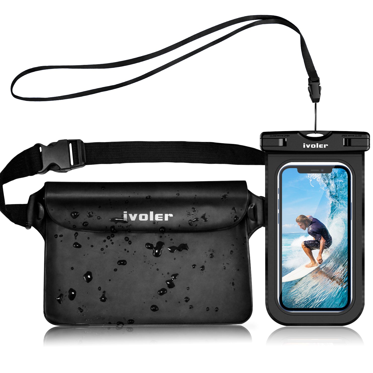 ivoler Waterproof Pouch Bag + Phone Case, Waterproof Case Dry Bag - Black