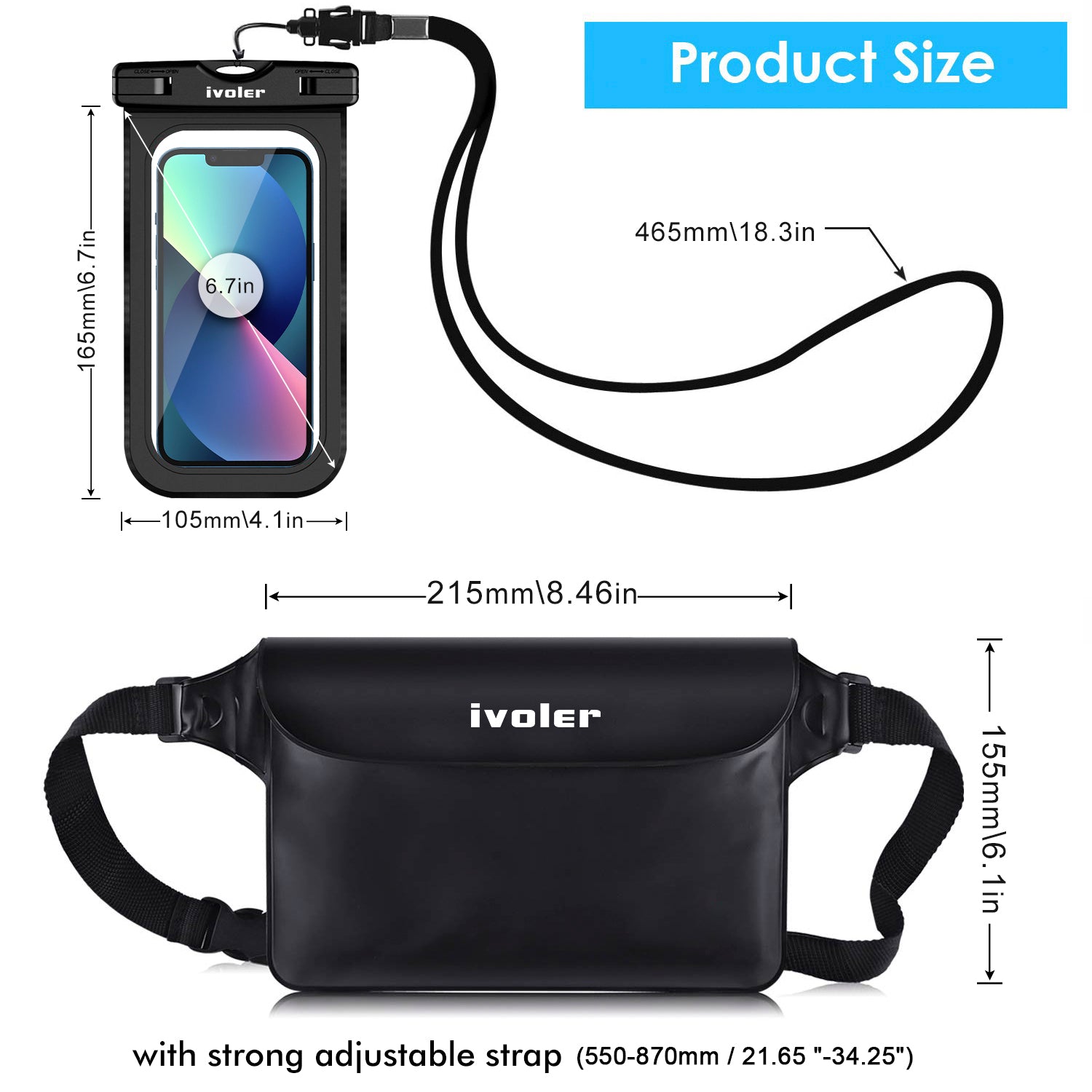 ivoler Waterproof Pouch Bag + Phone Case, Waterproof Case Dry Bag - Black