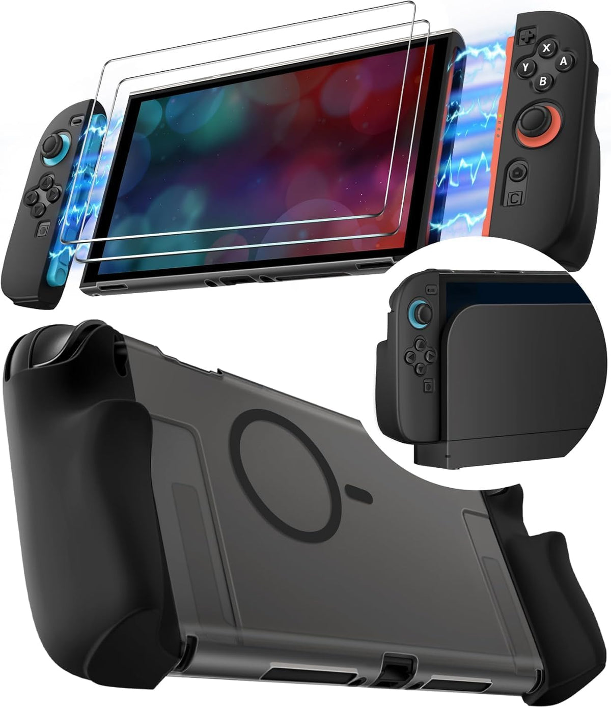 ivoler Matte Dockable Magn¨¦tique Coque Compatible avec Nintendo Switch 2 avec 2 TPU Grip Coque Souple pour Nintendo Switch 2 avec 2 Verre Tremp¨¦£¨Noir Transparent£©
