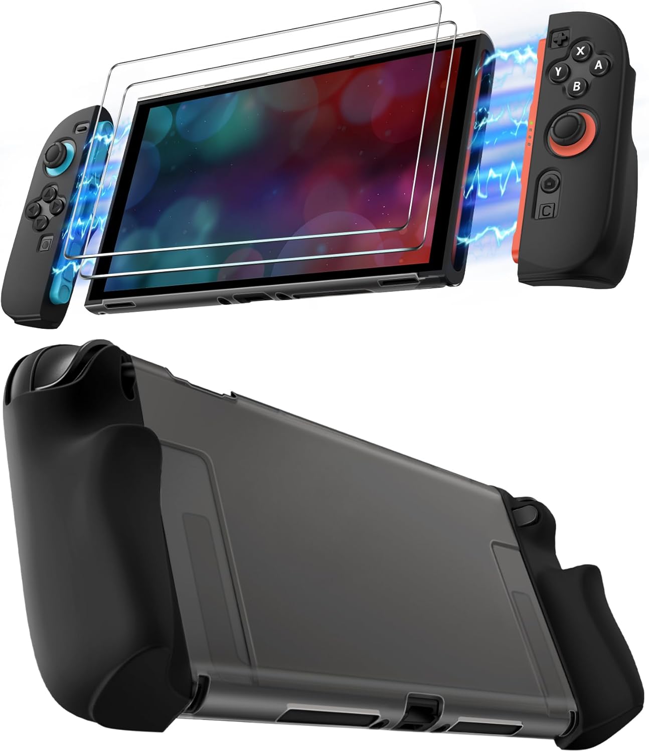 iVoler 5-in-1 Schutz-Set f¨¹r Nintendo Switch 2, D¨¹nn & Dockable H¨¹lle, 2X Ergonomische Silikon-Griffe (Abnehmbar), HD-Displayschutz, Voller Schutz, Sto?fest, Kratzfest