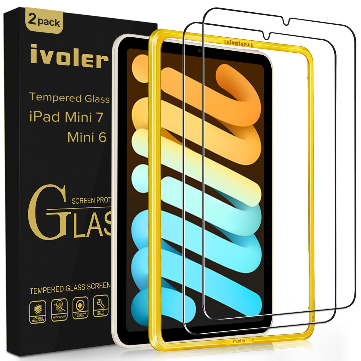 ivoler 2 Unidades Protector de Pantalla para iPad Mini 7/6 8.3 pulgadas (7. / 6 generacion, 2024/2021 Modelo), con Marco de Instalaci¨®n F¨¢cil, Cristal Vidrio Templado, Antiara?azos, Sin Burbujas