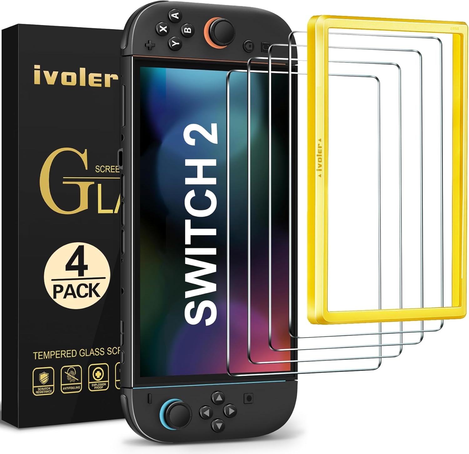 ivoler 4 St¨¹ck Schutzglas f¨¹r Nintendo Switch 2 (2025), 30s Schnellmontage & Fehlerfrei dank Positionierhilfe, 9H H?rte Schutzfolie, Anti-Kratz, HD-Klar, Bl?schenfrei
