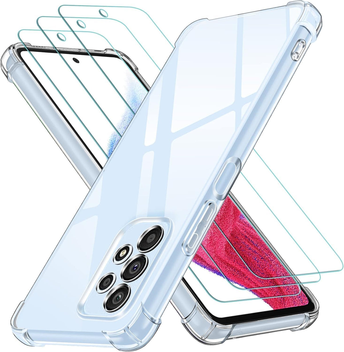 iVoler Cover per Samsung Galaxy A53 5G, Antiurto Custodia con Paraurti in TPU Morbido e 3 Pezzi Pellicola Vetro Temperato, Ultra Sottile Trasparente Silicone Protettiva Case