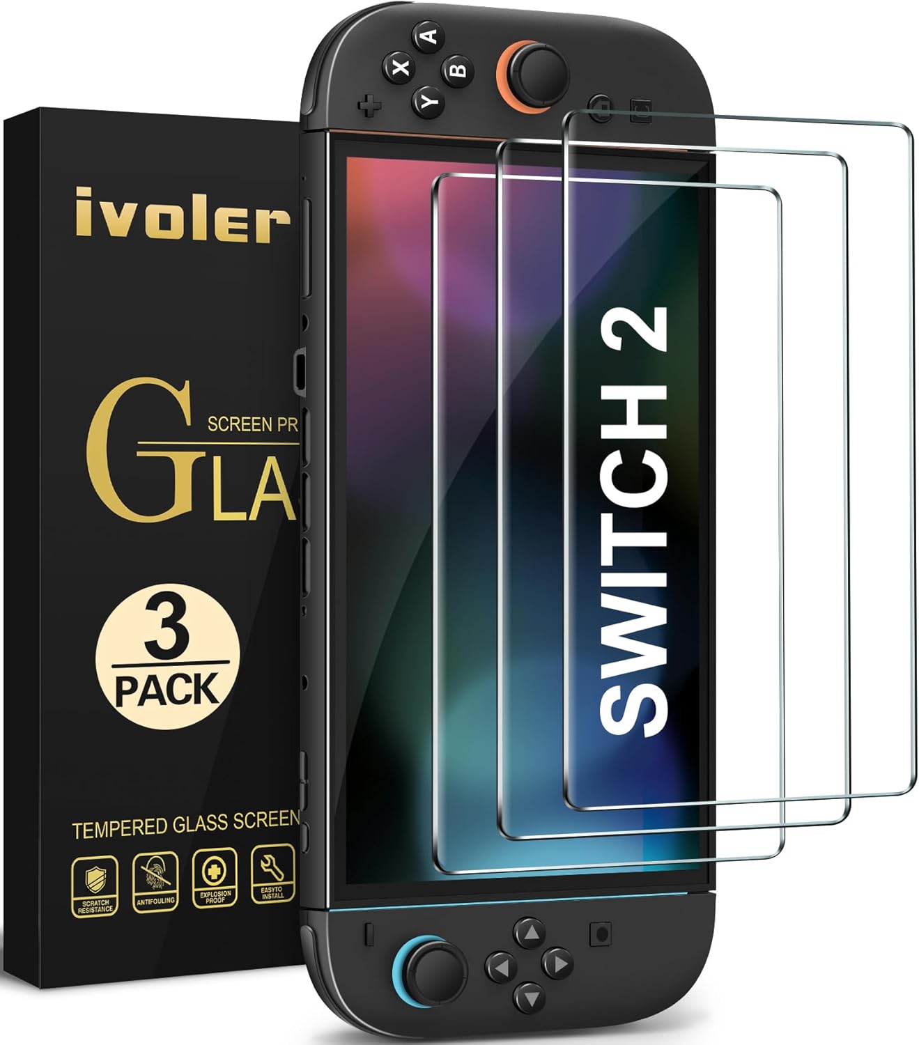 ivoler Pack of 3 Tempered Glass for Nintendo Switch 2 Model 2025, Screen Protector Film for Nintendo Switch, Anti-Scratch, Bubble-Free, HD Clear