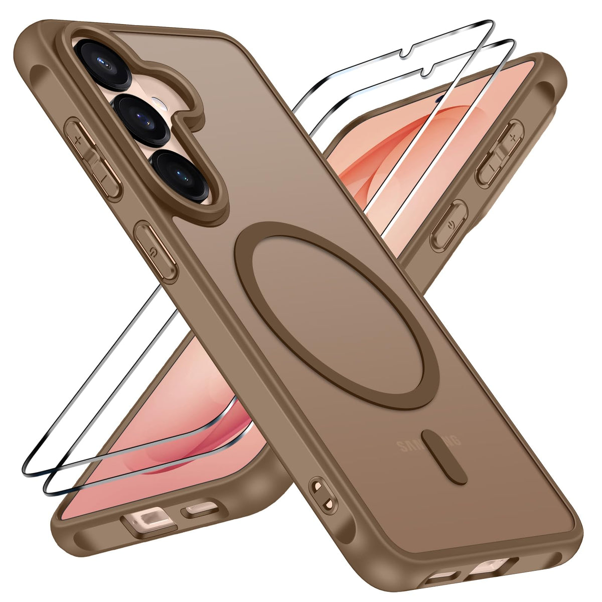 ivoler Funda Magn¨¦tica para Samsung Galaxy S26 con 2 Piezas Cristal Templado, Compatible con MagSafe, Antigolpes Transl¨²cida Mate Trasera Fina Silicona Anti-Choques Case, Marr¨®n Claro
