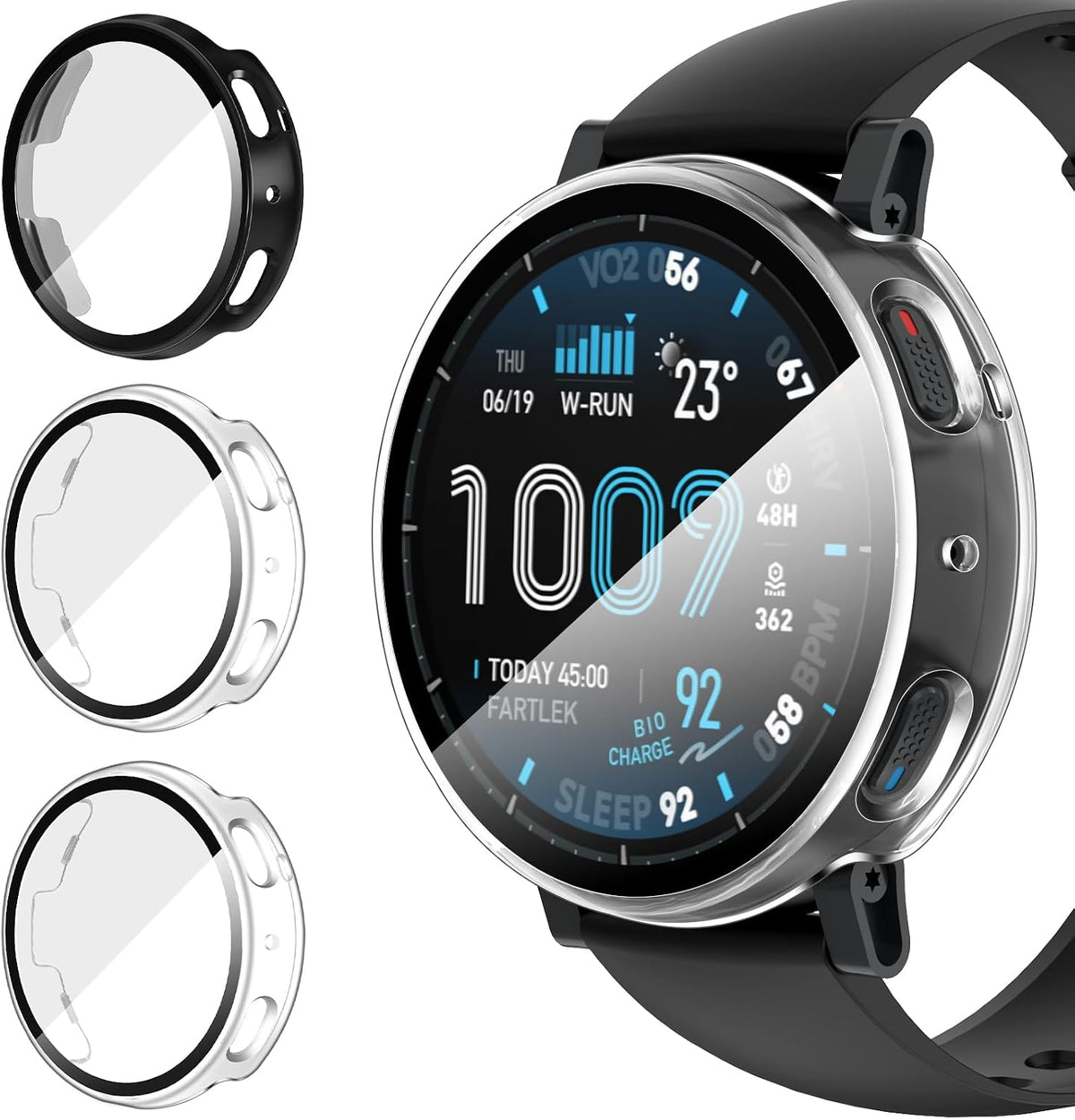 iVoler 3 stycken fodral med h?rdat glas f?r Amazfit Active Max, helt?ckande sk?rmskydd st?ts?kert fodral, tunt anti-repor h?rt st?tskydd, 2 transparent 1 svart