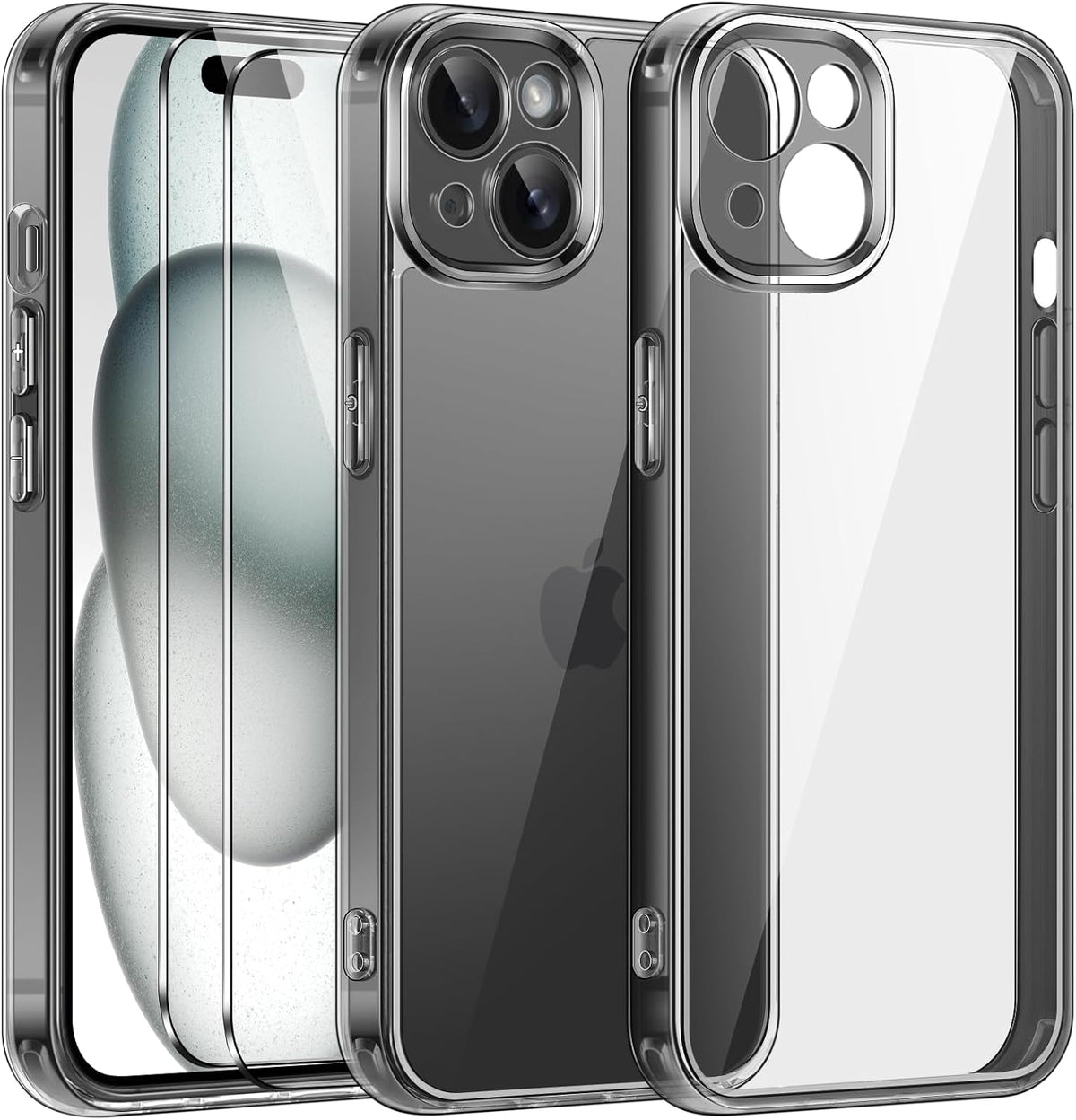 ivoler H¨¹lle Kompatibel mit iPhone 15, 2er Pack Geh?rtetem Glas Displayschutzfolie Weich TPU Silikon Transparent, Anti-Kratz Case Cover