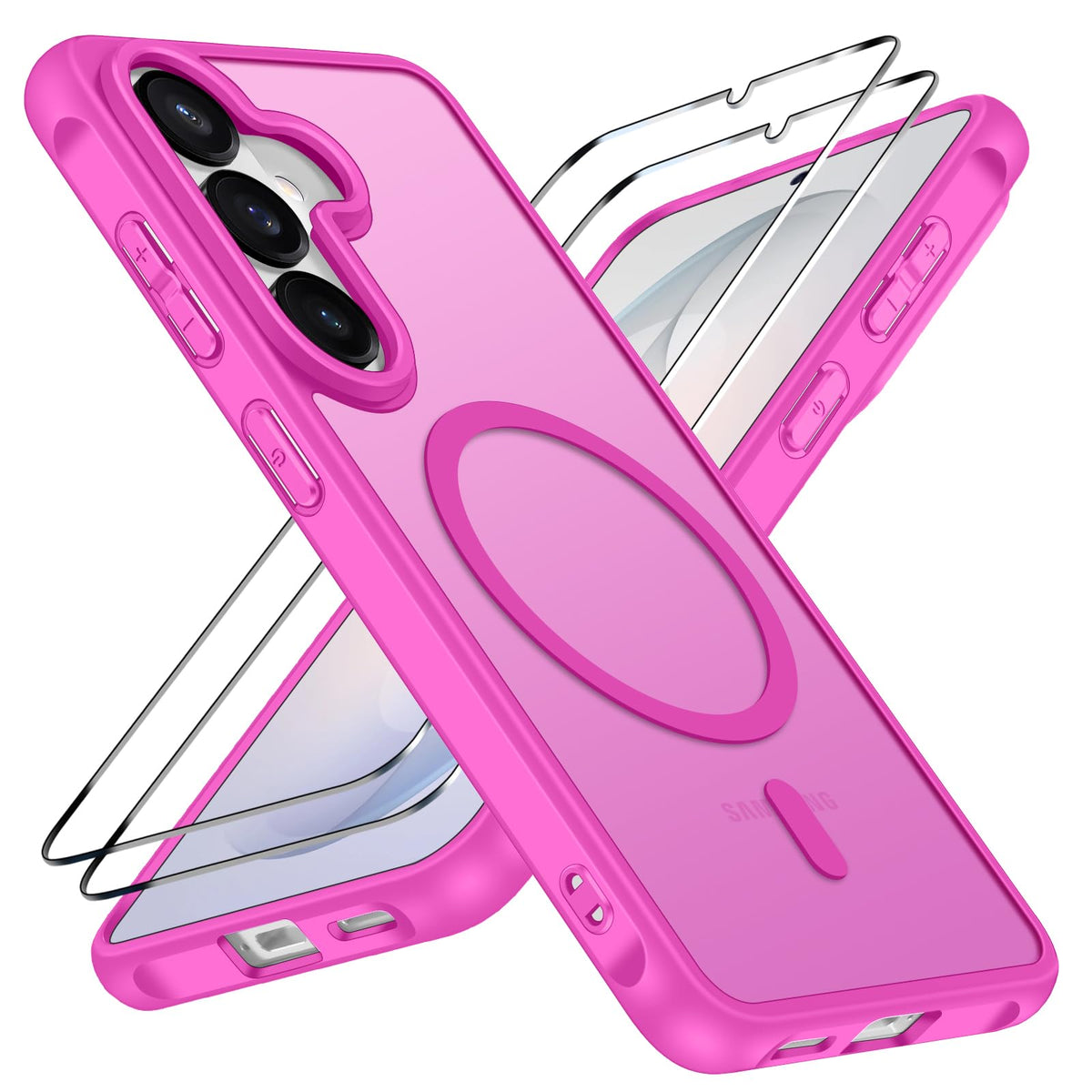 ivoler Funda Magn¨¦tica para Samsung Galaxy S26 con 2 Piezas Cristal Templado, Compatible con MagSafe, Antigolpes Transl¨²cida Mate Trasera Fina Silicona Anti-Choques Case, Rosa Fucsia