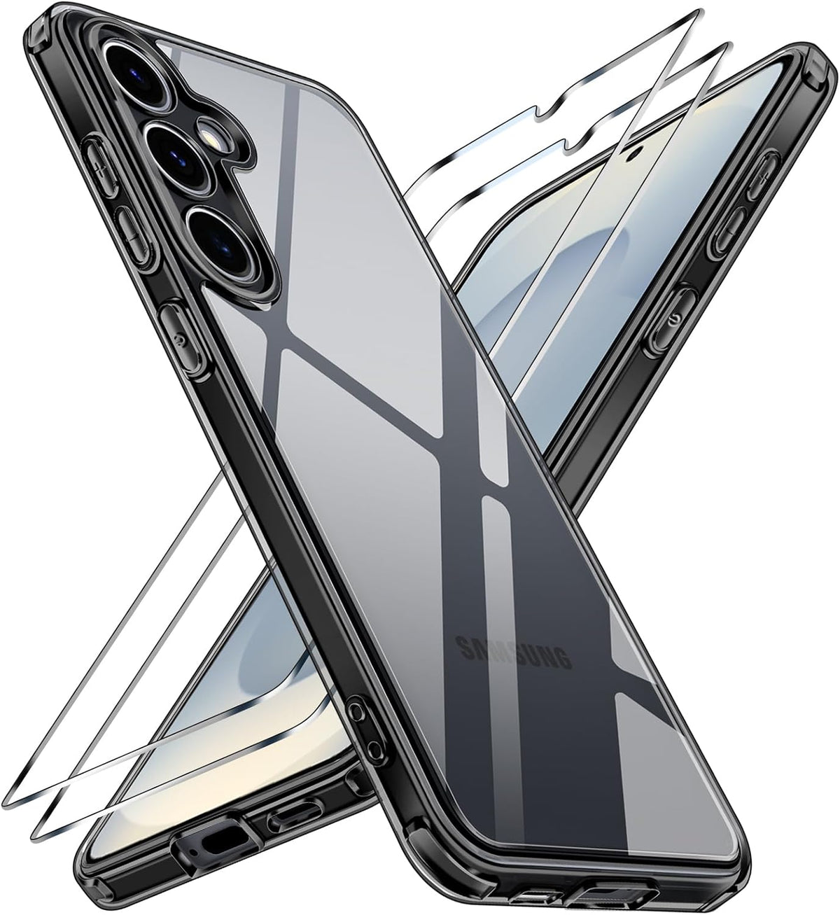 iVoler Anti Yellowing Clear Cover for Samsung Galaxy S25 5G with 2 Pieces Tempered Glass, Transparent Shockproof Case for Shock Absorption with Soft TPU Bumper Slim Case ¨C Black