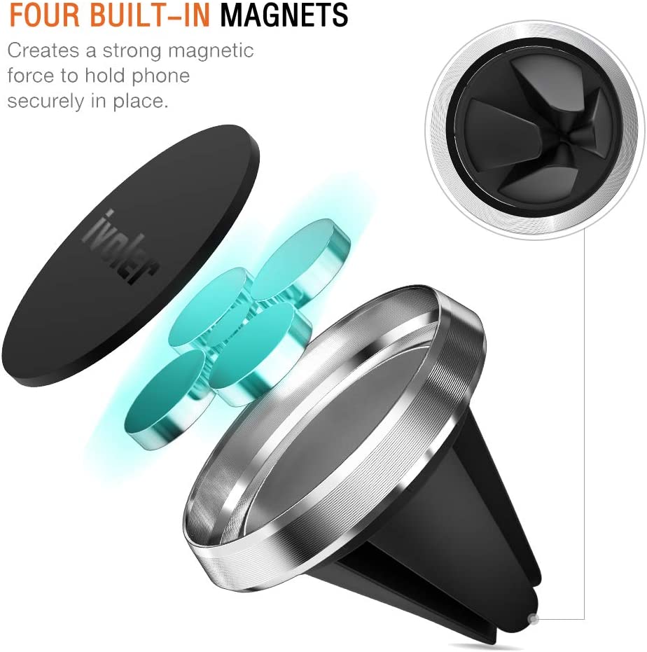 ivoler Support Telephone Voiture Lot de 2, Porte téléphone magnetique Portable Grille Aeration Aimant Compatible pour Smartphone, 4 Plaques Métalliques –Argent