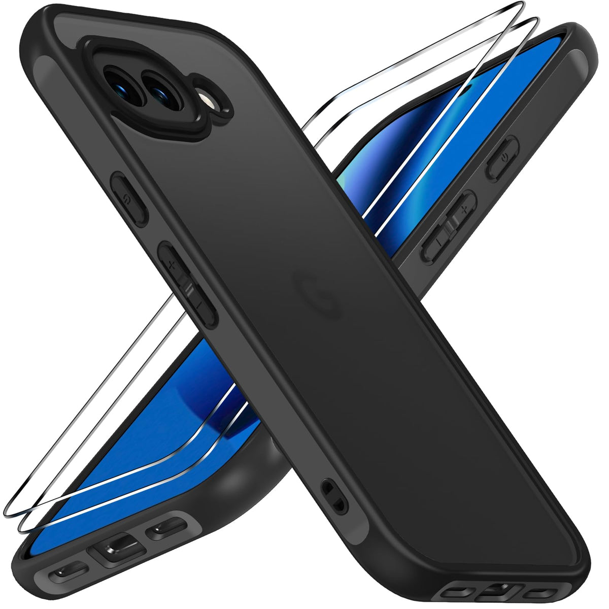 ivoler Funda Mate Negro para Google Pixel 10a con 2 Piezas Cristal Templado, [Protecci¨®n Militar] Carcasa Protectora Antigolpes Trasera Transl¨²cida Antihuellas Antiara?azos Duro Bumper Case