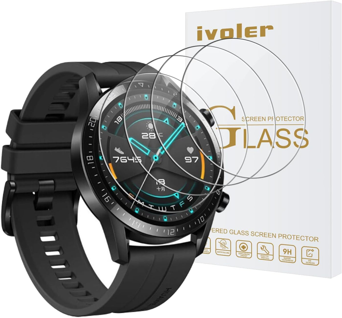 ivoler Pack de 4 Protection d¡¯¨¦cran en Verre Tremp¨¦ pour Amazfit GTR 4 / Huawei Watch GT 3 46mm / GT 2 46mm / GT Runner/Garmin Forerunner 935 / 735XT / Epix Gen 2 / Fenix 5 Plus 47mm / Polar Unite