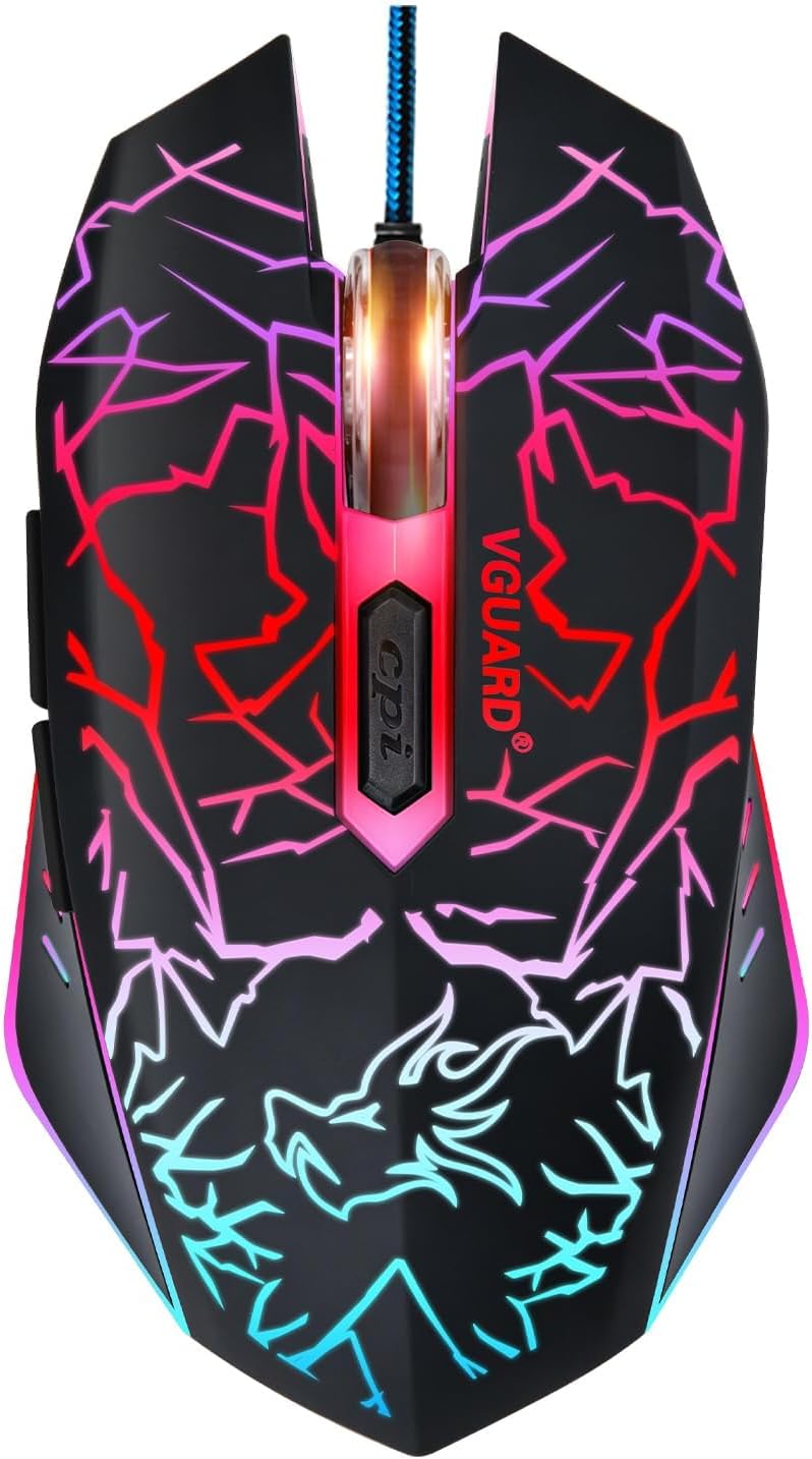 VGUARD Wired Gaming Mouse, 3600 DPI Optical Sensor, RGB Backlit Ergonomic USB PC Mice with 6 Programmable Buttons, 7 Colors LED, Professional Gamer Mouse for Laptop, Computer, Windows/Mac
