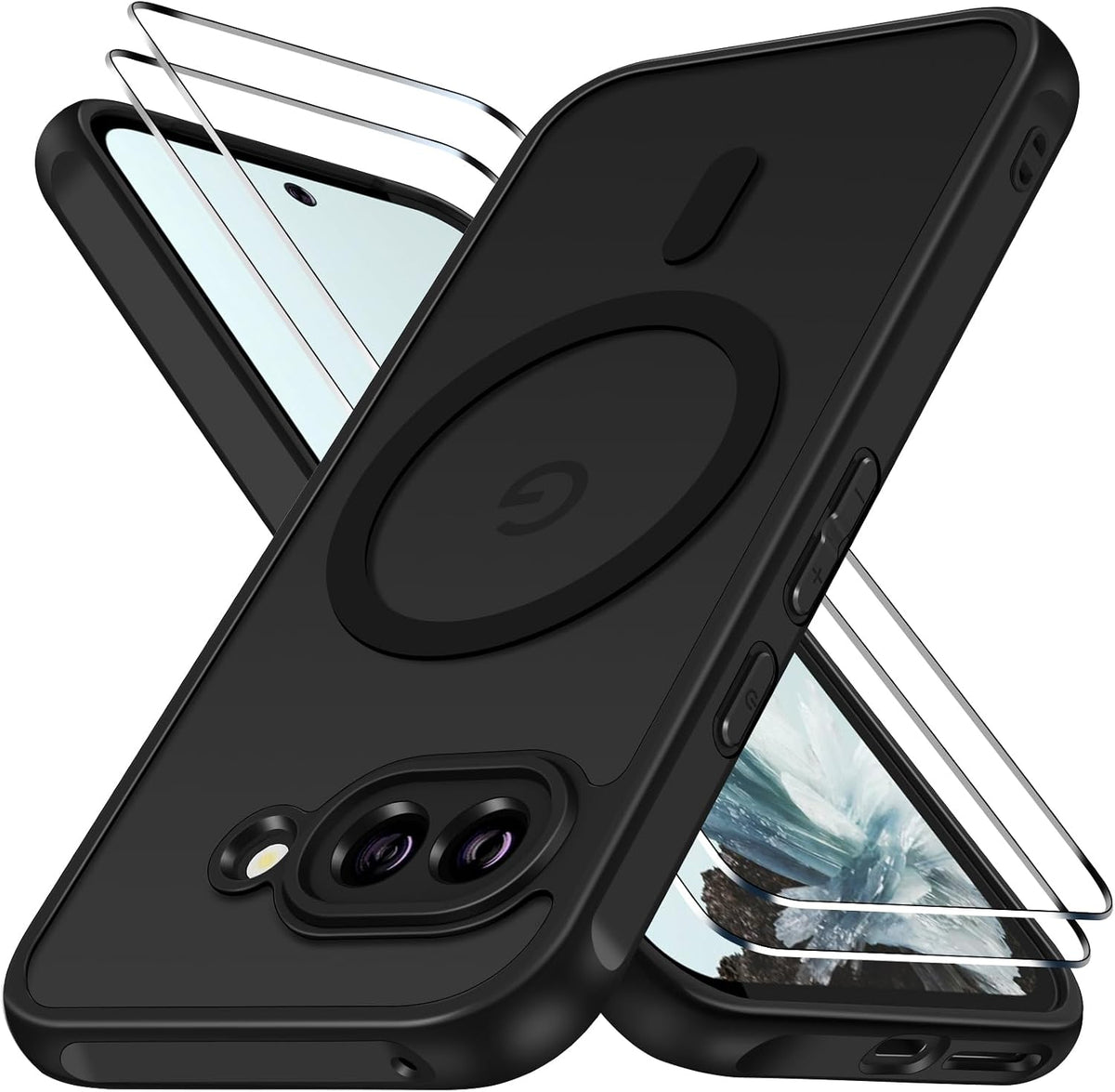 ivoler 3-in-1 Magnetic Case for Google Pixel 9a with 2 Pack Screen Protector, Military-Grade Protection, Shockproof Cover, Translucent-Black
