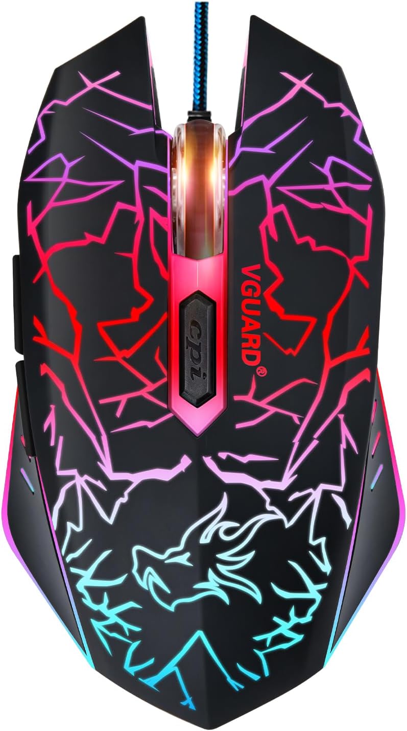 VGUARD Mouse da Gaming, Mouse con Filo USB, Mouse Ottico per PC Portatile Ergonomico, 6 Pulsanti Programmabili, 4 Regolabile DPI(800/1200/1600/2400), 7 Colori LED - Nero (Versione Aggiornata)