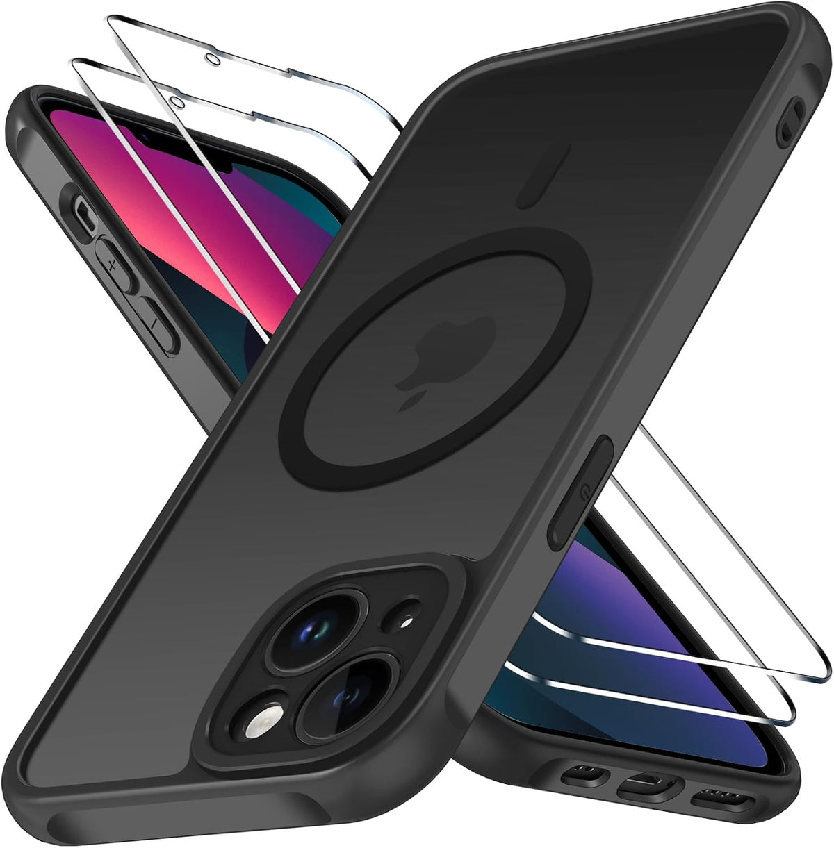 ivoler 3-in-1 Magnetic Case for iPhone 13 with 2 Pack Screen Protector,Compatible with MagSafe,Shockproof Cover,Slim Translucent Matte-Black