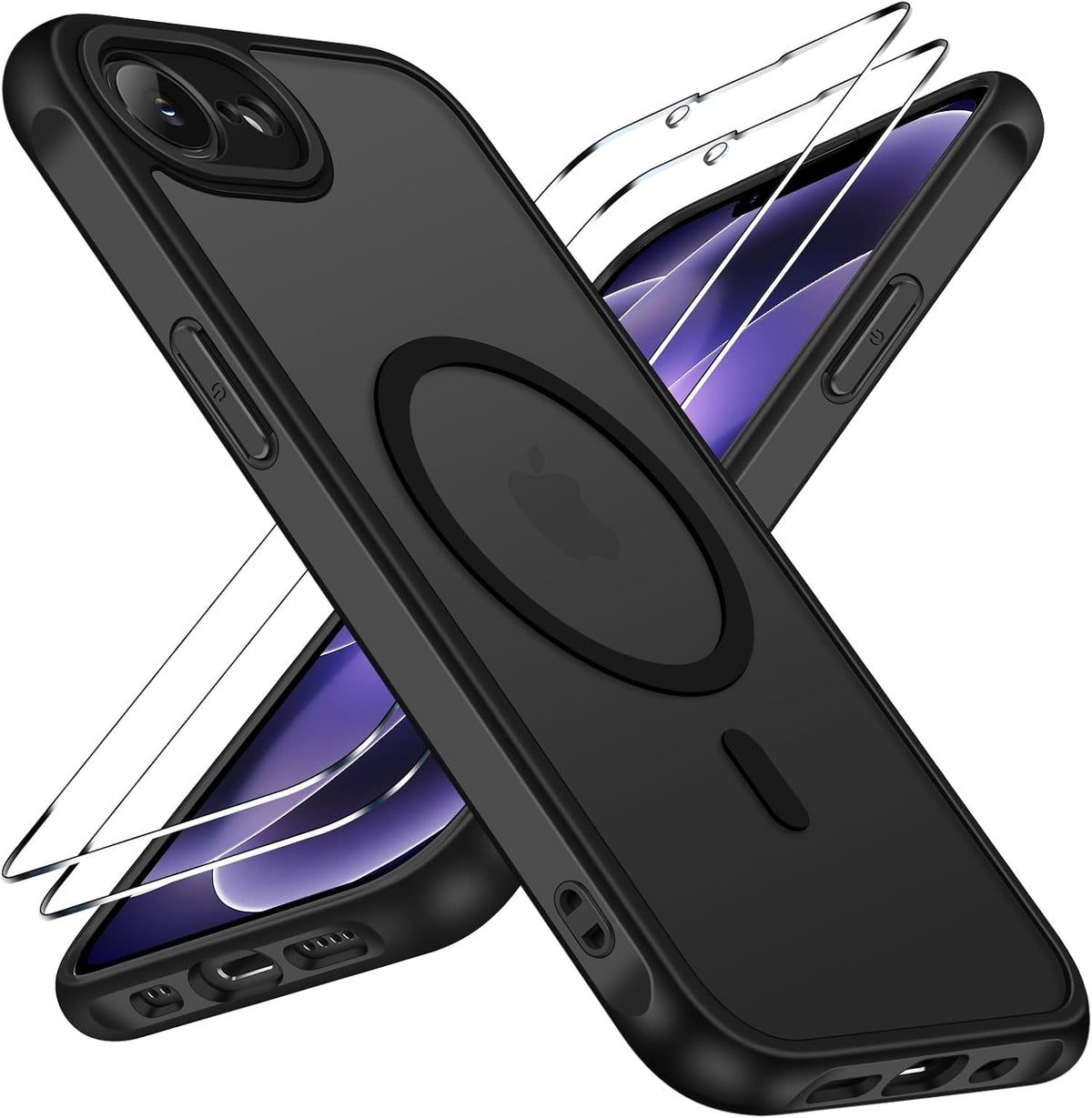 ivoler 3-in-1 Magnetic Case for iPhone 17e/iPhone 16e with 2 Pack Screen Protector,Compatible with MagSafe,Shockproof Cover,Slim Translucent Matte-Black