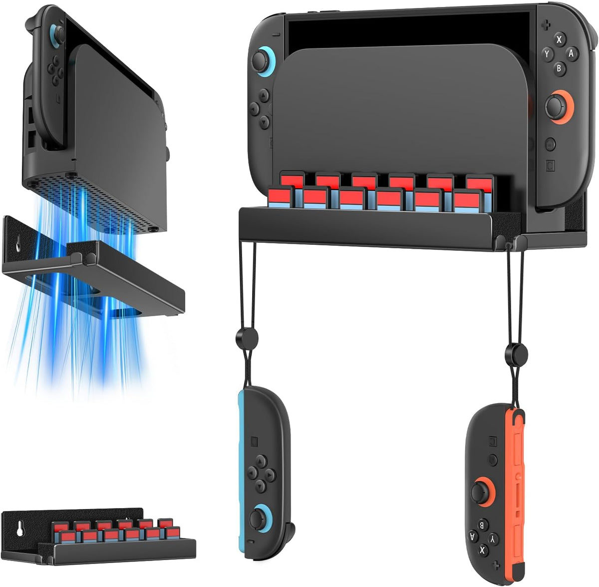 ivoler Supporto da Parete Compatibile con Nintendo Switch 2 (2025), Supporto in Salvaspazio con 12 Slot per Cartucce e Ganci per Joy-Con, Scaffale Adatto a Soggiorno e Camera da Letto - Nero
