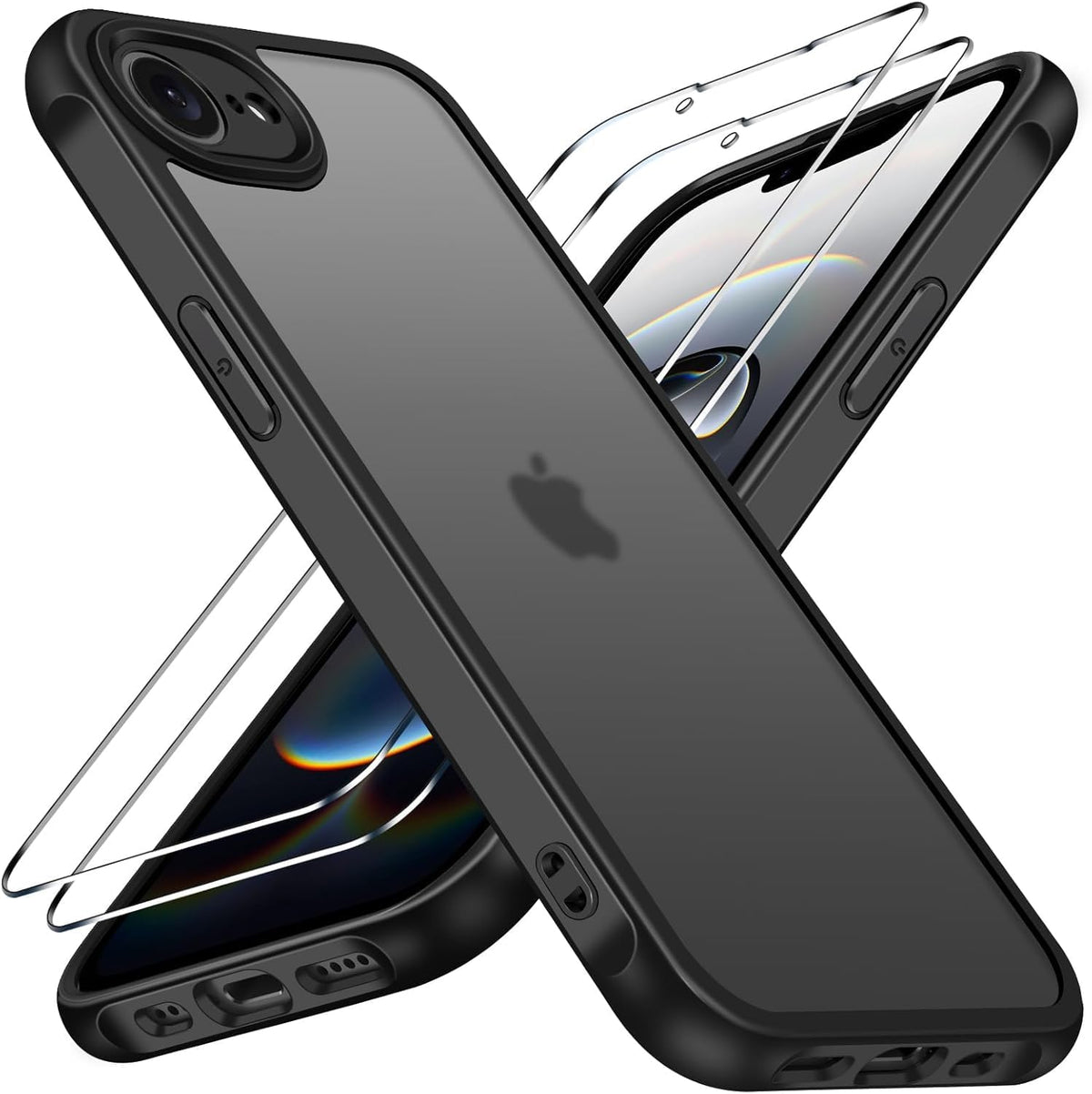 ivoler 3 in 1 Case for iPhone 17e/16e 2025 with 2 Pieces Tempered Glass Screen Protectors, Military Standard Shockproof Cell Phone Case, Matte Translucent Anti-Fingerprint Protective Case, Black