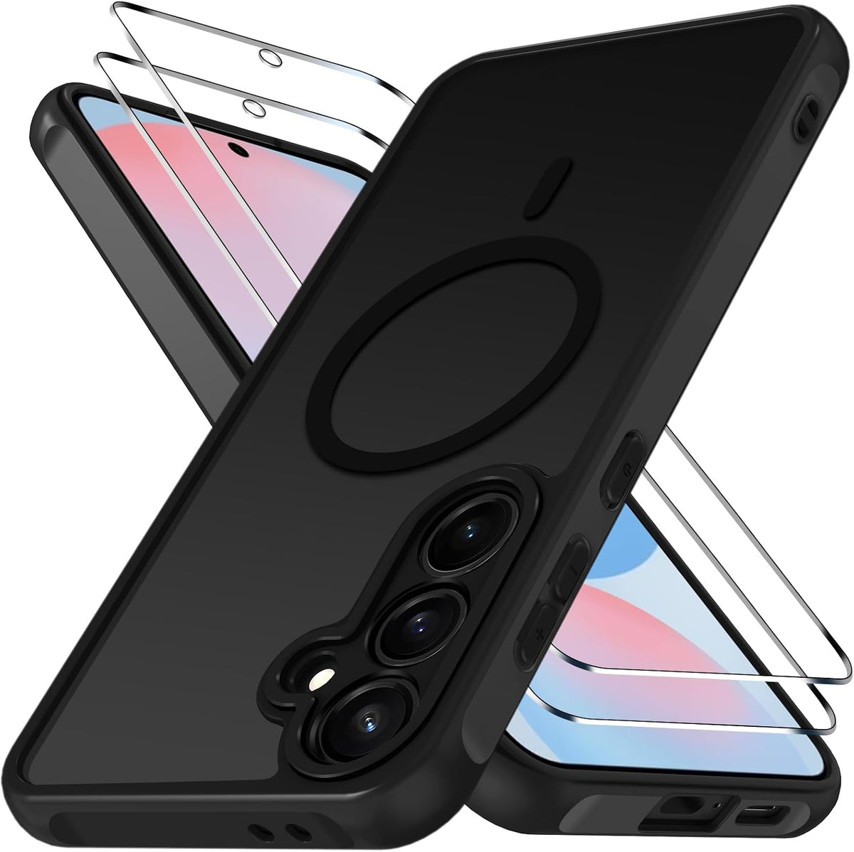 iVoler Magnetiskt fodral f?r Samsung Galaxy S24 FE 5G med 2 stycken sk?rmskydd i h?rdat glas, [st?tskydd i milit?rklass] tunt genomskinligt fodral med fingeravtryck, MagSafe-fodral, matt svart