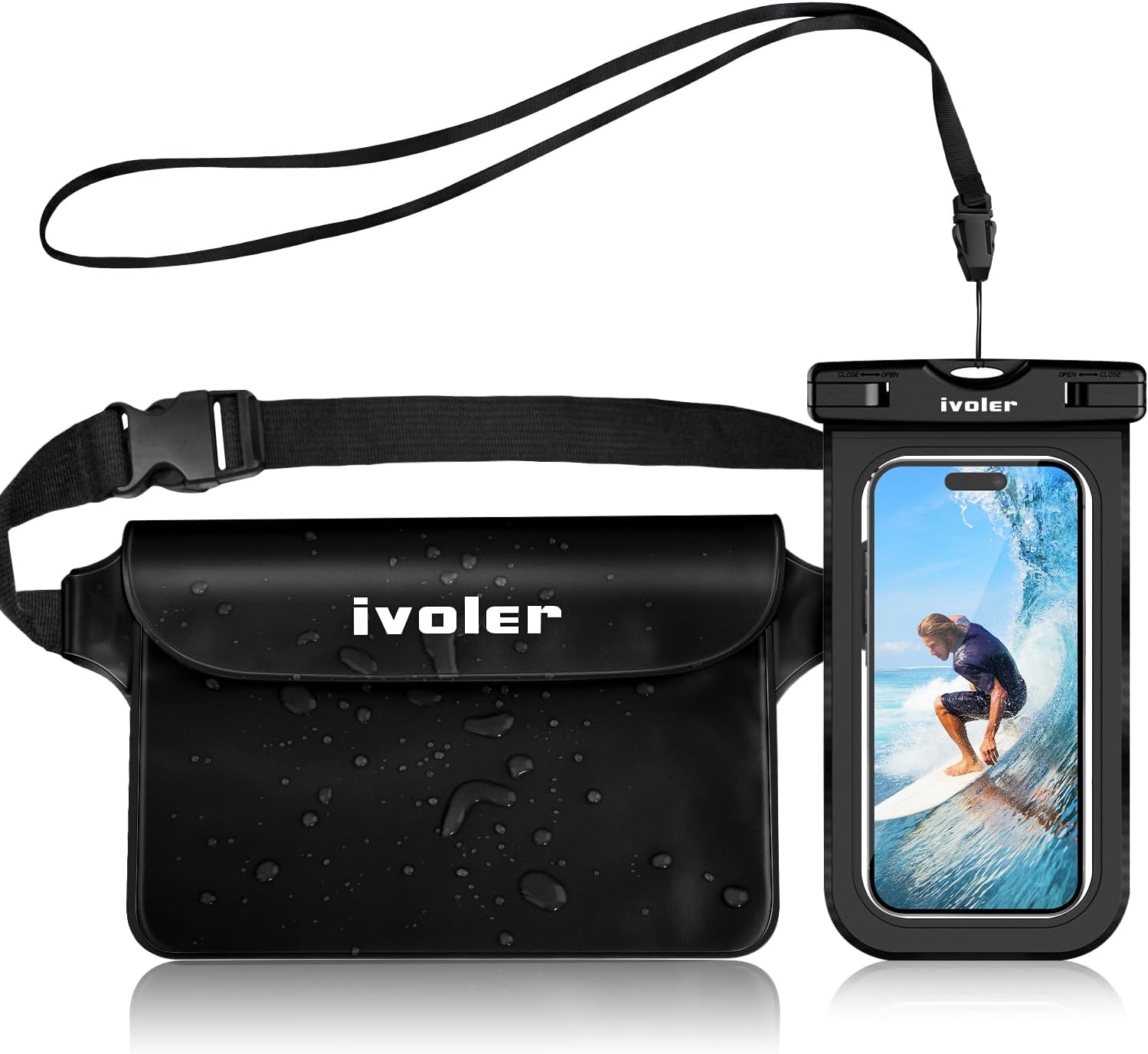 iVoler Kit Impermeabile con Borsa Marsupio e Custodia Smartphone IPX8 per Sport Acquatici Pesca Vela Sci Mare Escursione, Protezione per Cellulare Portafoglio Documenti - Nero
