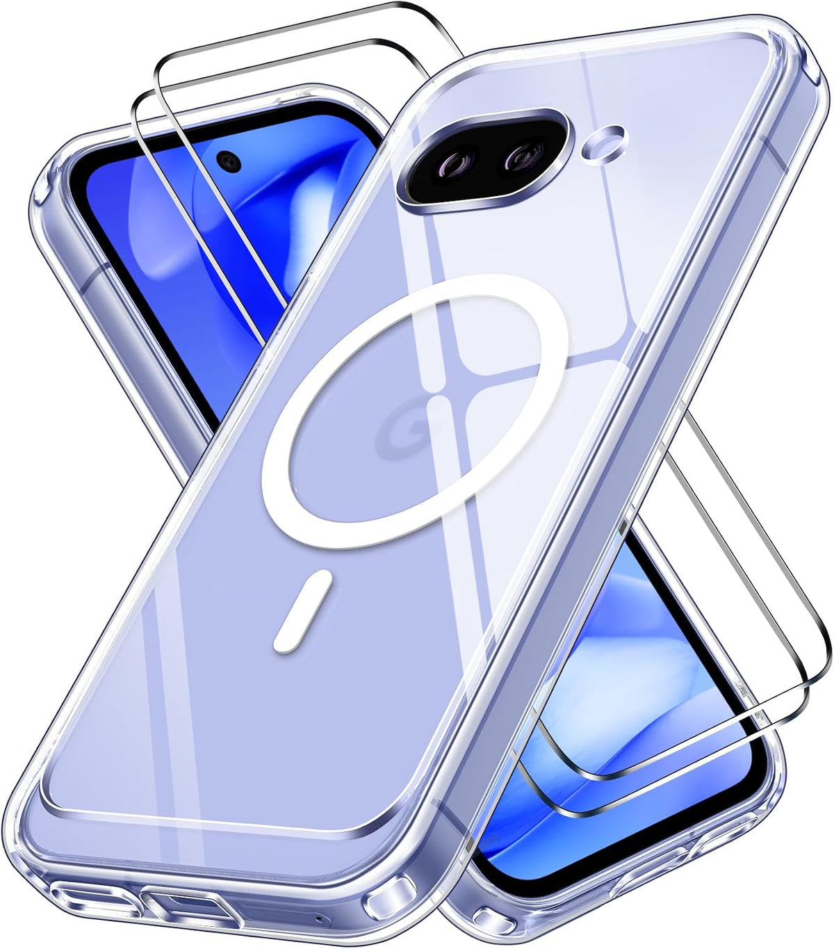 ivoler Magnetiskt 3-i-1-fodral, kompatibelt med Google Pixel 9a, st?ts?kert fodral med milit?rt skydd, 2 stycken h?rdat glas, rept?ligt fodral, transparent