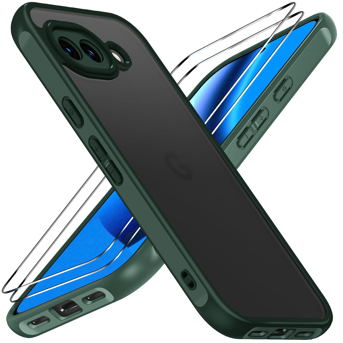 ivoler Mate Funda para Google Pixel 10A con 2 Piezas Cristal Templado, [Protecci¨®n Lente C¨¢mara] [Protecci¨®n Militar] Carcasa Protectora Antigolpes Trasera Transl¨²cida Antihuellas Case, Verde Oscuro