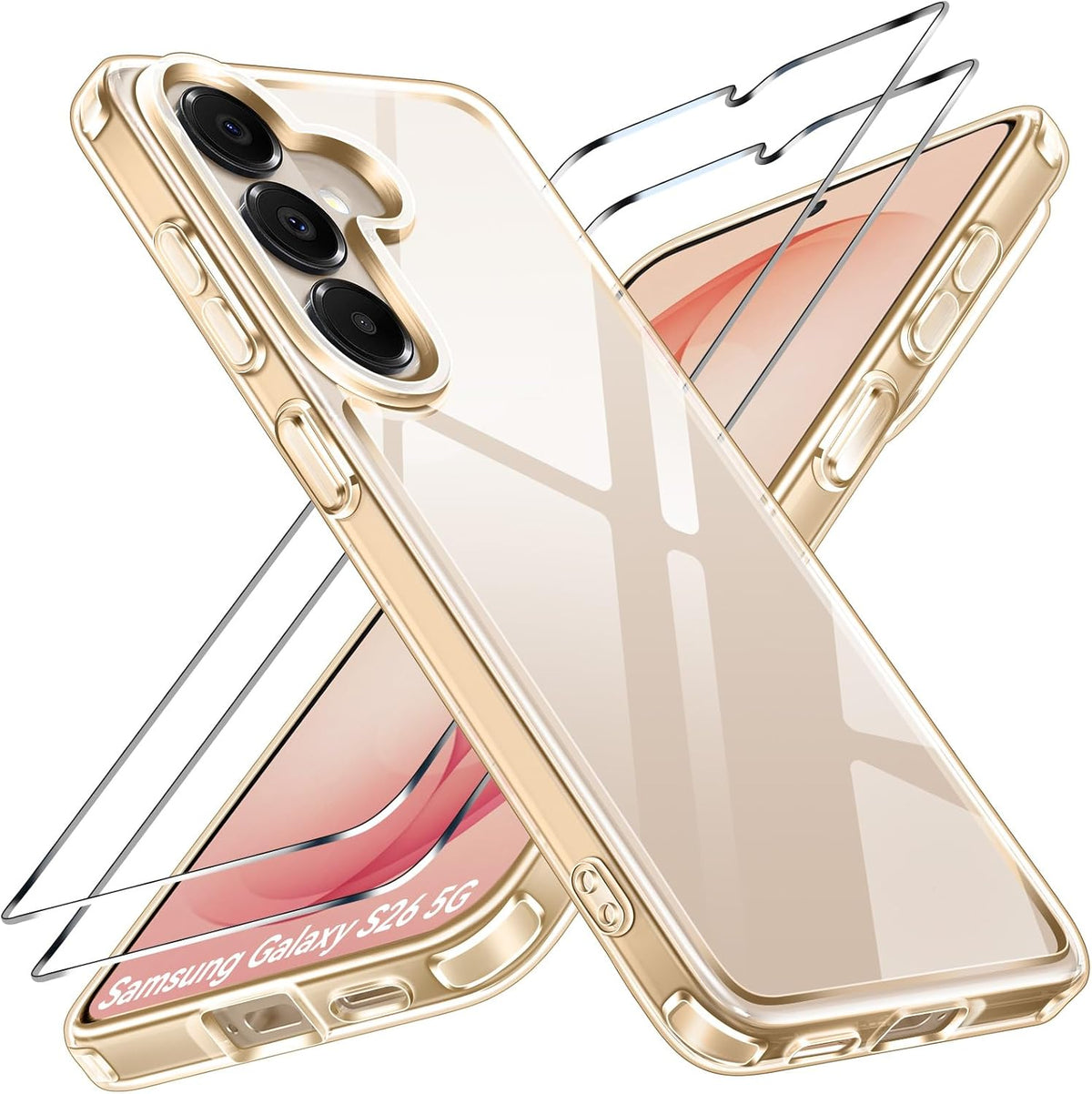 ivoler Clara Case for Samsung Galaxy S26 5G with 2 Pieces Tempered Glass, [Military Protection] Transparent Protective Case Anti-Shock Bumper Case, Gold