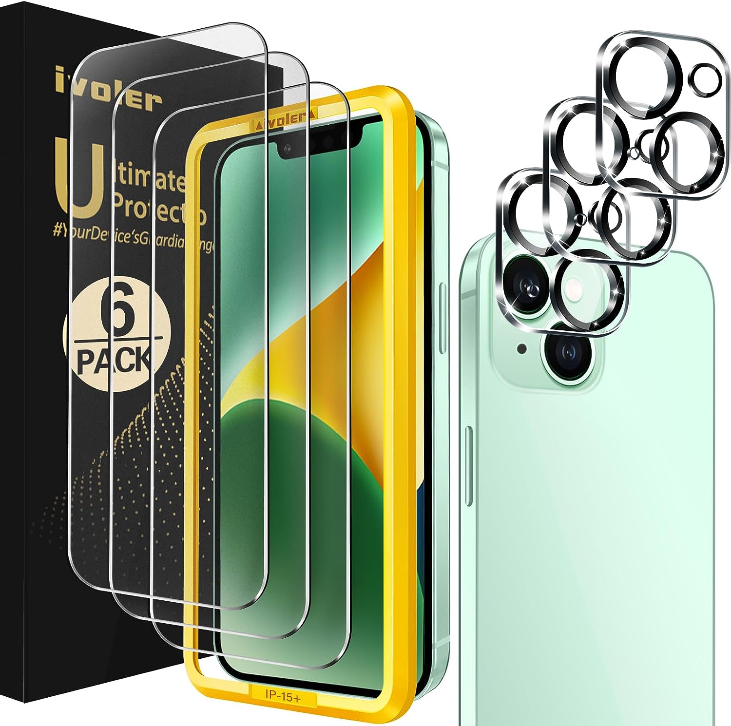ivoler [3+3 Pack Tempered Glass for iPhone 15 Plus Screen Protector 6.7'' [3 Pack] with [3 Pack] Camera Lens Protector with [Alignment Frame]