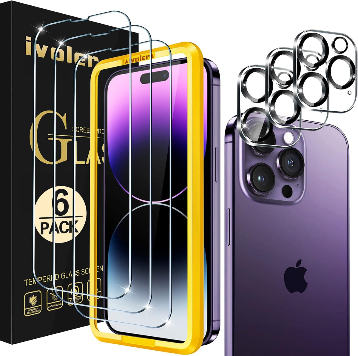 ivoler Screen Protector for iPhone 14 Pro Max, 3 Tempered Glass Film and 3 Camera Lens Protectors with Installation Alignment Aid, 30-second installation,Bubble-Free, HD Clear