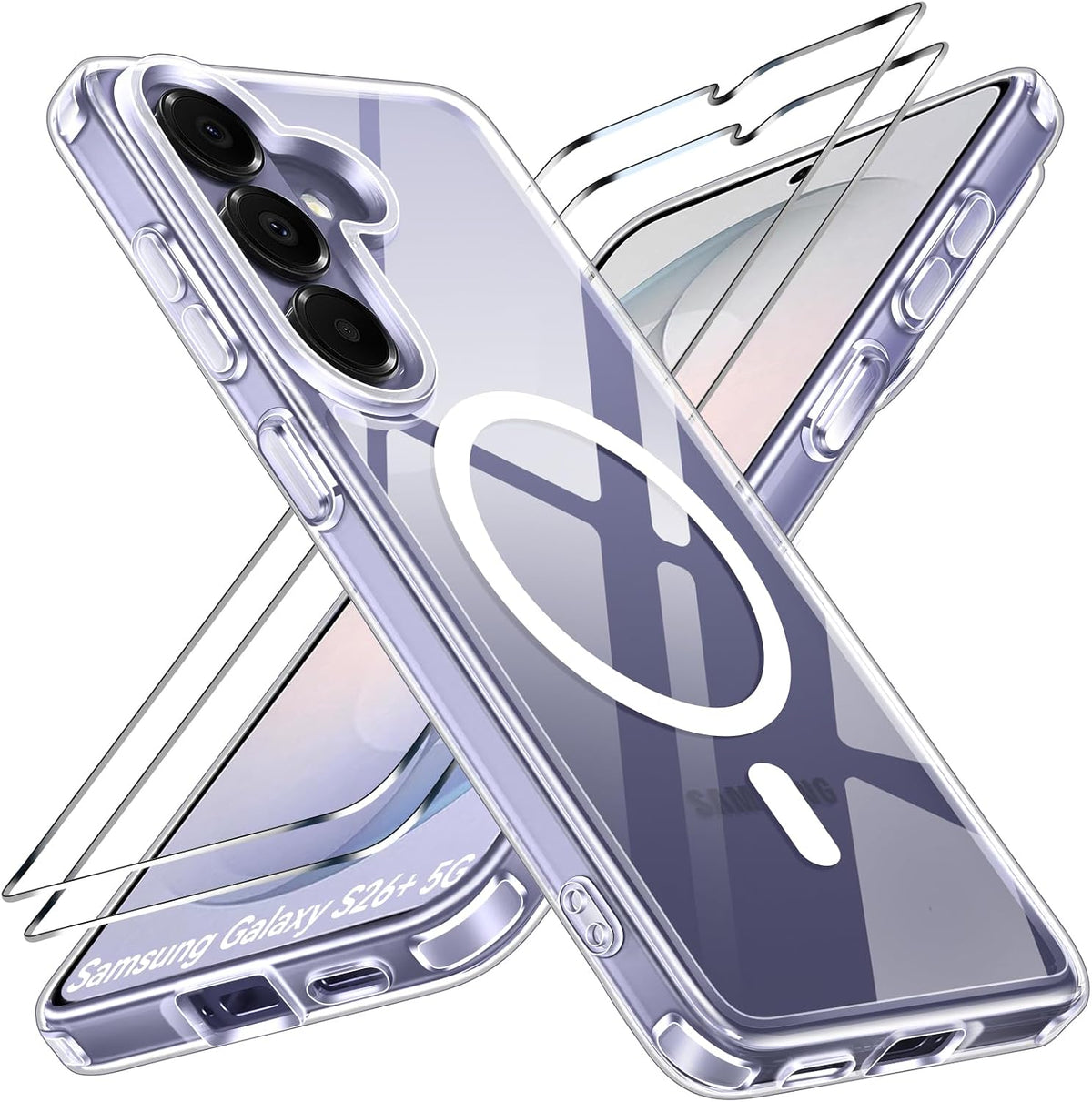 ivoler Clear Magnetic Case for Samsung Galaxy S26 Plus 5G, 1 Phone Case with 2-Pack Tempered Glass Screen Protectors, [Military Grade Protection] Shockproof Transparent Slim Case