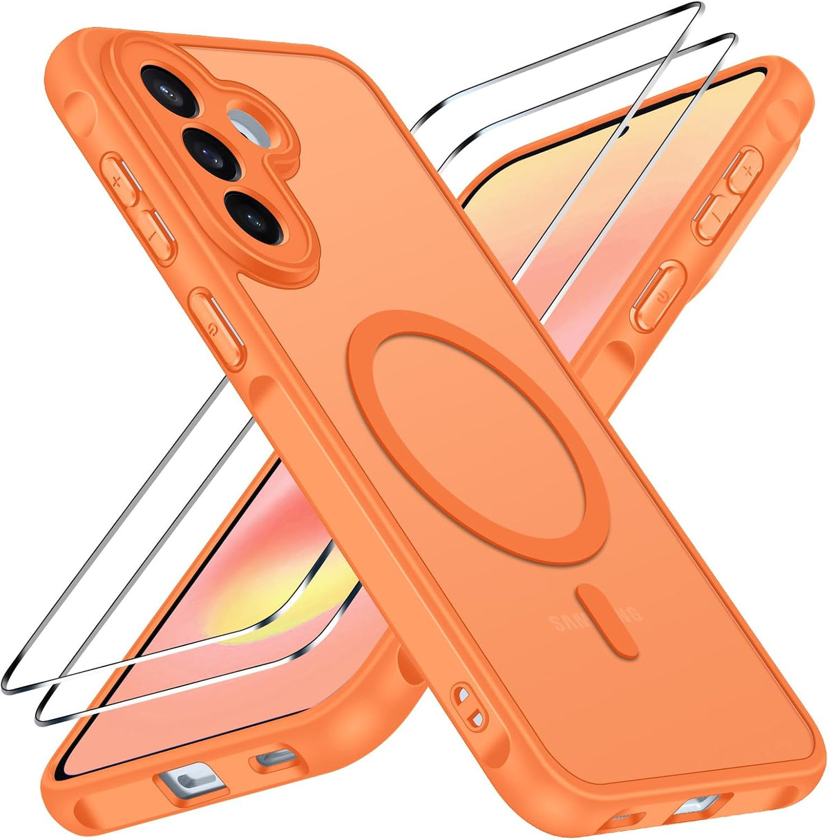 ivoler f¨¹r Samsung Galaxy A57 5G H¨¹lle, 1 Magnetisch Handyh¨¹lle mit 2 St¨¹ck Panzer Schutz Glas, [Kompatibel mit MagSafe] [Milit?rnorm Sturzschutz] Sto?fest Schutzh¨¹lle Silikon Case Matt Orange