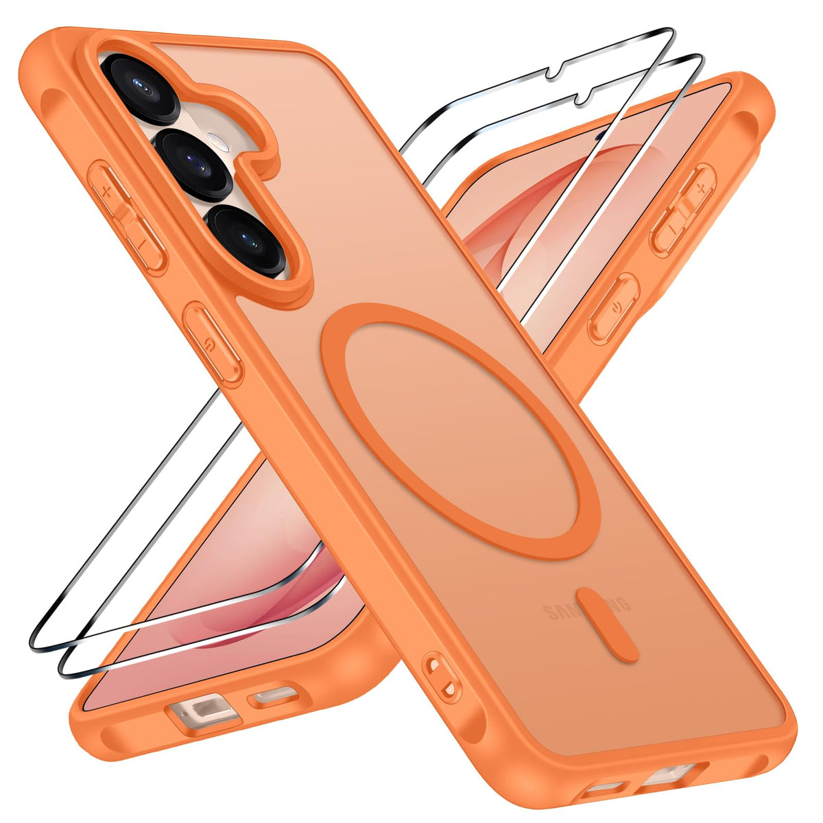 ivoler Funda Magn¨¦tica para Samsung Galaxy S26 con 2 Piezas Cristal Templado, Compatible con MagSafe, Antigolpes Transl¨²cida Mate Trasera Fina Silicona Anti-Choques Case, Naranja