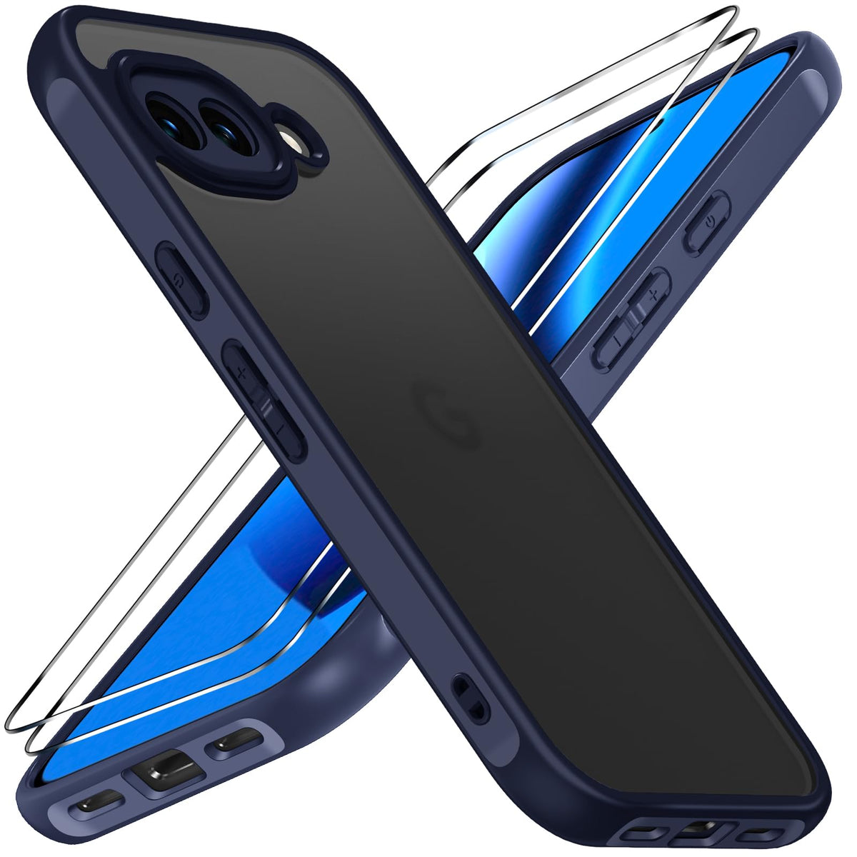 ivoler Mate Funda para Google Pixel 10A con 2 Piezas Cristal Templado, [Protecci¨®n Lente C¨¢mara] [Protecci¨®n Militar] Carcasa Protectora Antigolpes Trasera Transl¨²cida Antihuellas Case, Azul Oscuro