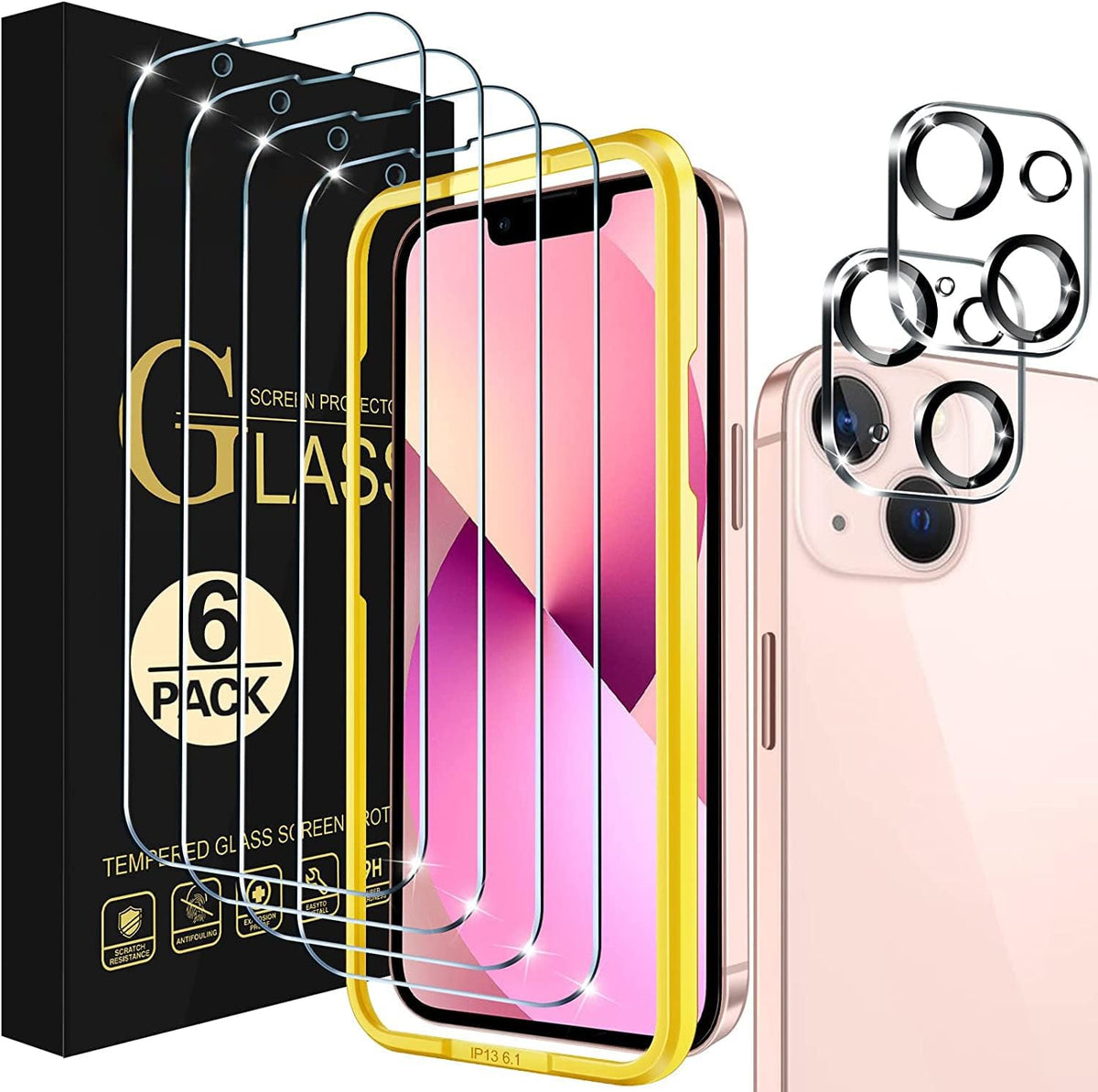 ivoler 4-Pack Tempered Glass, Compatible with iPhone 13 6.1", with 2 Pieces Rear Camera Protector & Free Installation Kit, Screen Protector [Scratch-free]