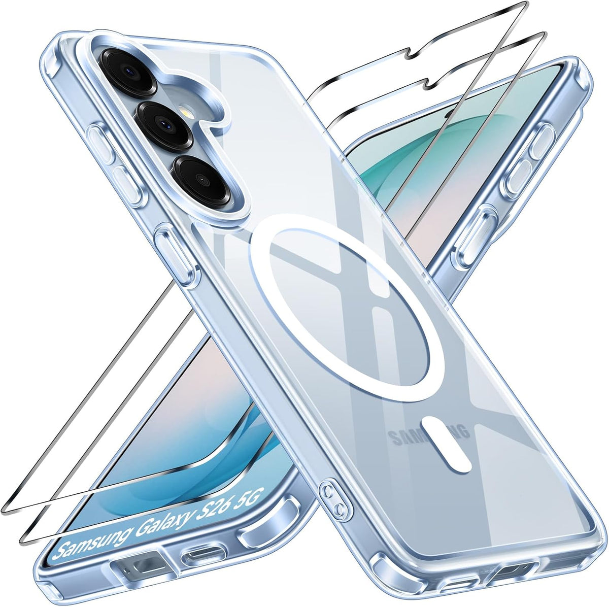 iVoler Cover Magnetica per Samsung Galaxy S26 5G con 2 Pezzi Vetro Temperato, [Compatibile con MagSafe] Custodia Protettiva Sottile [Anti-Ingiallimento] [Grado Militare] Antiurto, Trasparente (Blu)