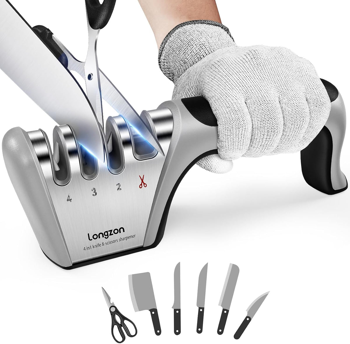 longzon 5-in-1 Knife Sharpener 4 Stage with Cut-Resistant Glove, Quickly Sharpens & Restores Dull Blades, Easy & Safe for Home Kitchen Use, Fits Most Knives and Scissors, Black+Silver