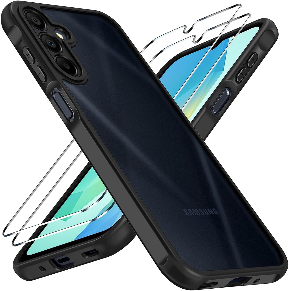 ivoler 3 in 1 Case for Samsung Galaxy A16 4G/5G with 2 Pieces Tempered Glass,[Military Protection] Transparent Anti-Shock Protective Cover-Black