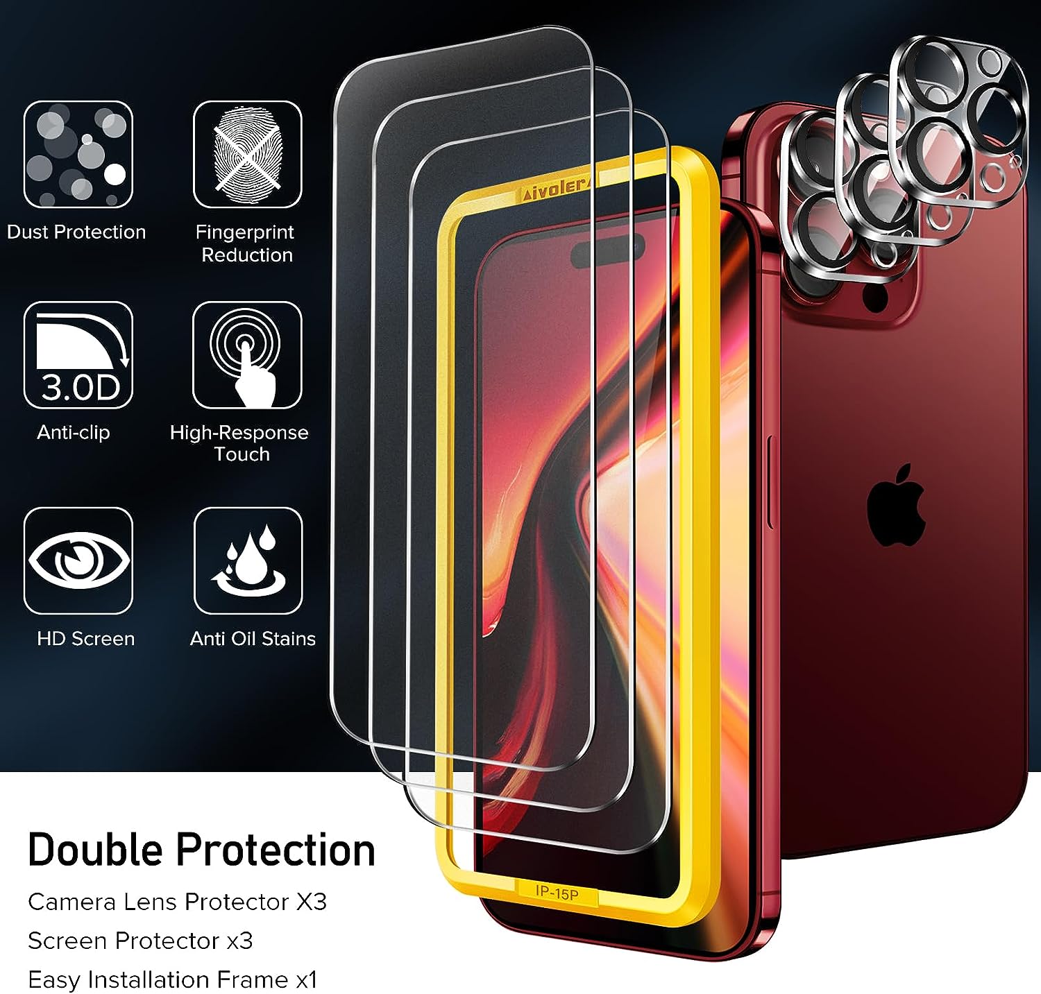ivoler [3+3 Pack Tempered Glass for iPhone 15 Pro Screen Protector 6.1'' [3 Pack] with [3 Pack] Camera Lens Protector with [Alignment Frame]