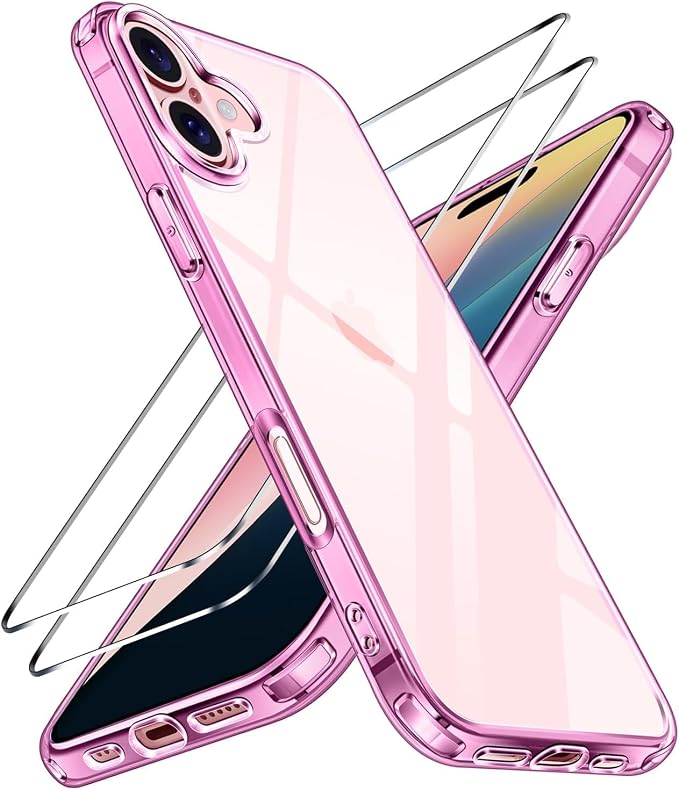 iVoler Anti Ingiallimento Chiaro Cover per iPhone 16 con 2 Pezzi Pellicola Vetro Temperato e Cornice di Installazione, [Antiurto di Grado Militare] Custodia Trasparente Sottile Case-Rosa