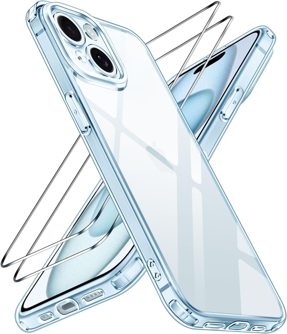 ivoler 3 in 1 H¨¹lle Kompatibel f¨¹r iPhone 15 6.1 Zoll, mit 2 St¨¹ck Panzer Schutz Glas, [Nie Vergilbung] [Kameraschutz] Schutzh¨¹lle Anti-Kratzt Transparent R¨¹ckseite (Blau)