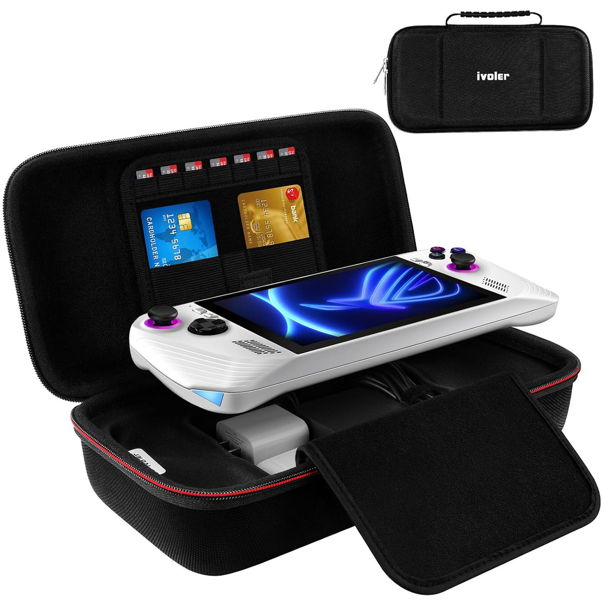 ivoler Tasche Kompatibel mit ASUS ROG Ally X / ROG Ally / Nintendo Switch 2, Portable Protective Hard Shell Tragetasche H¨¹lle mit Speicherplatz f¨¹r spielkonsole, halten 7 Spielkarten - Schwarz