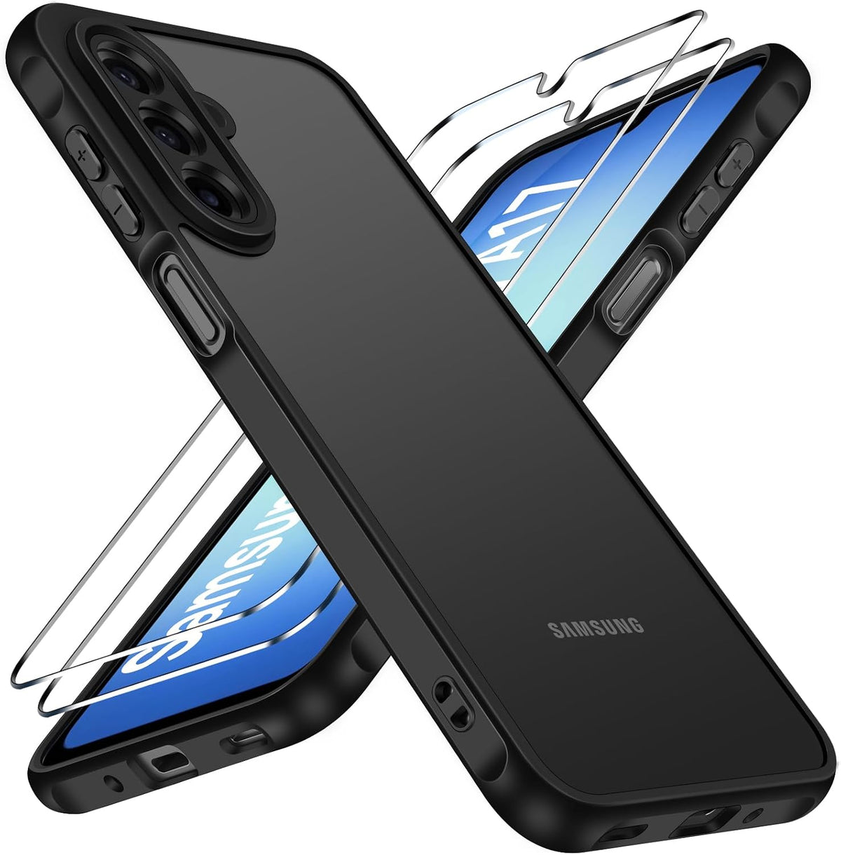 iVoler Cover Opaca per Samsung Galaxy A18 / A17 4G / 5G con 2 Pezzi Vetro Temperato, [Antiurto di Grado Militare] Custodia Traslucida Posteriore Anti-Impronte Anti-Graffio Rigida Sottile Case, Nero