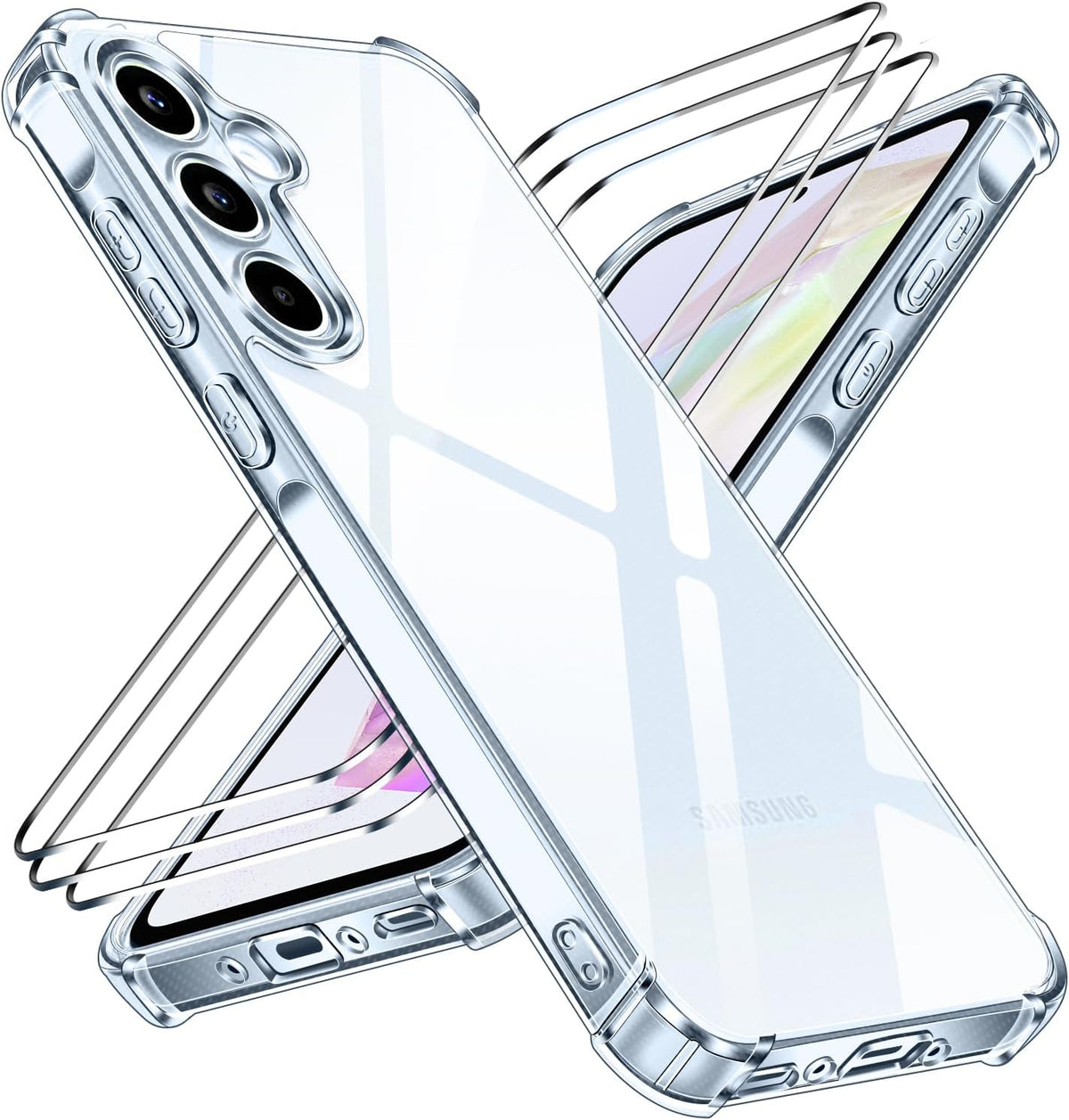 iVoler Anti Ingiallimento Chiaro Cover per Samsung Galaxy A35 5G con 3 Pezzi Vetro Temperato, Custodia Antiurto Trasparente per Assorbimento Degli Urti con Paraurti in TPU Morbido Sottile Case