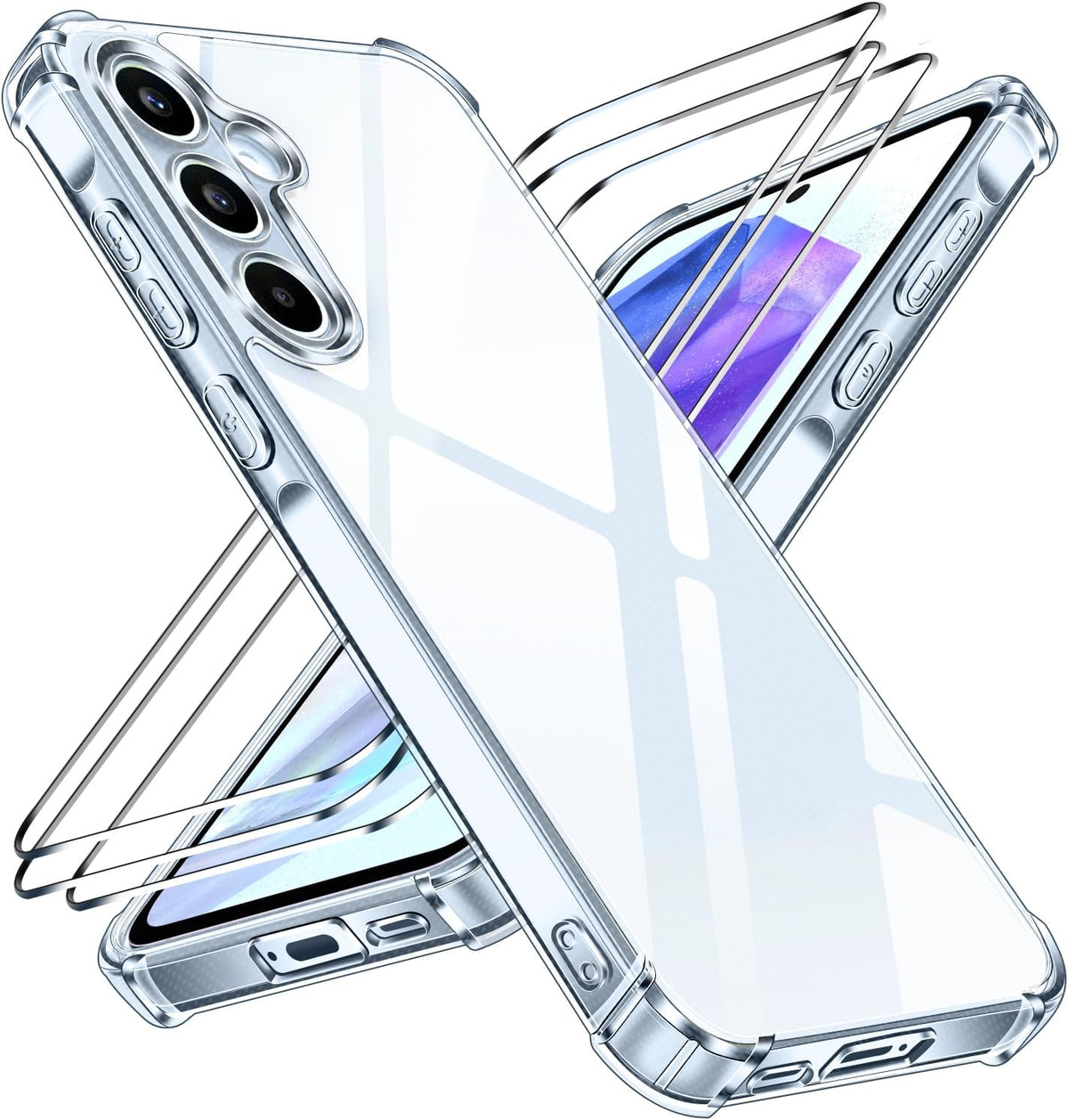 ivoler 4 in 1 Case for Samsung Galaxy A55 5G, with 3 Pieces Tempered Glass Screen Protector, [Camera Protection] Anti-fingerprint Protective Phone Cover, Clear