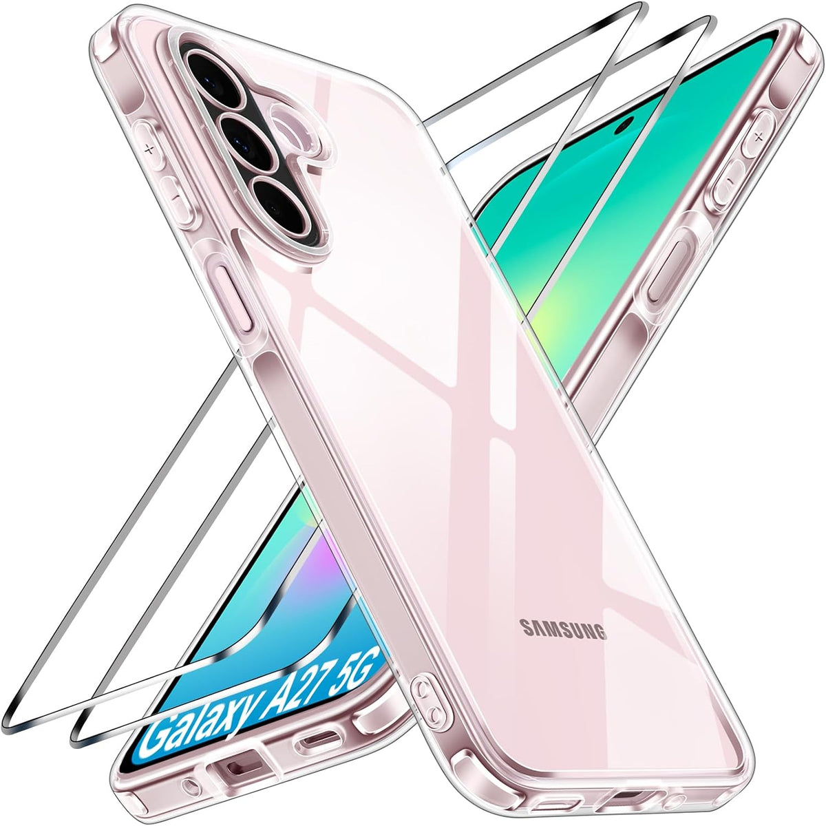 ivoler Hoesje voor Samsung Galaxy A27 5G, Anti-Vergeling Transparante Backcover met 2 Stuks Gehard Glas Screenprotector, Militaire Bescherming, Schokbestendig, Dun, Durchzichtig