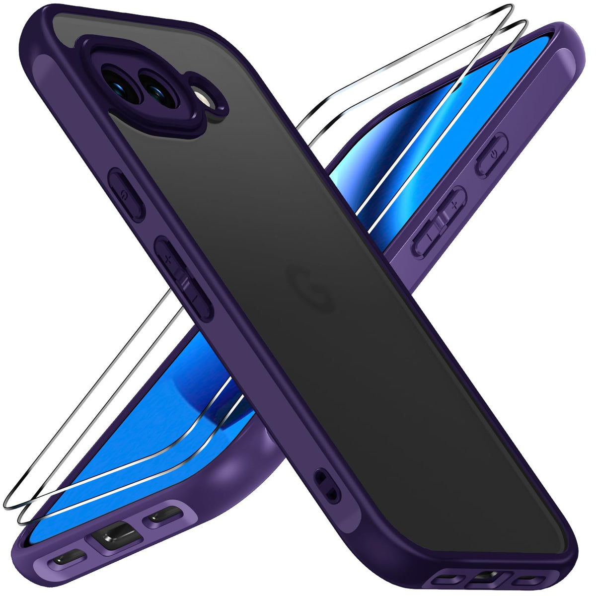 ivoler Mate Funda para Google Pixel 10A con 2 Piezas Cristal Templado, [Protecci¨®n Lente C¨¢mara] [Protecci¨®n Militar] Carcasa Protectora Antigolpes Trasera Transl¨²cida Antihuellas Case, Morado Oscuro