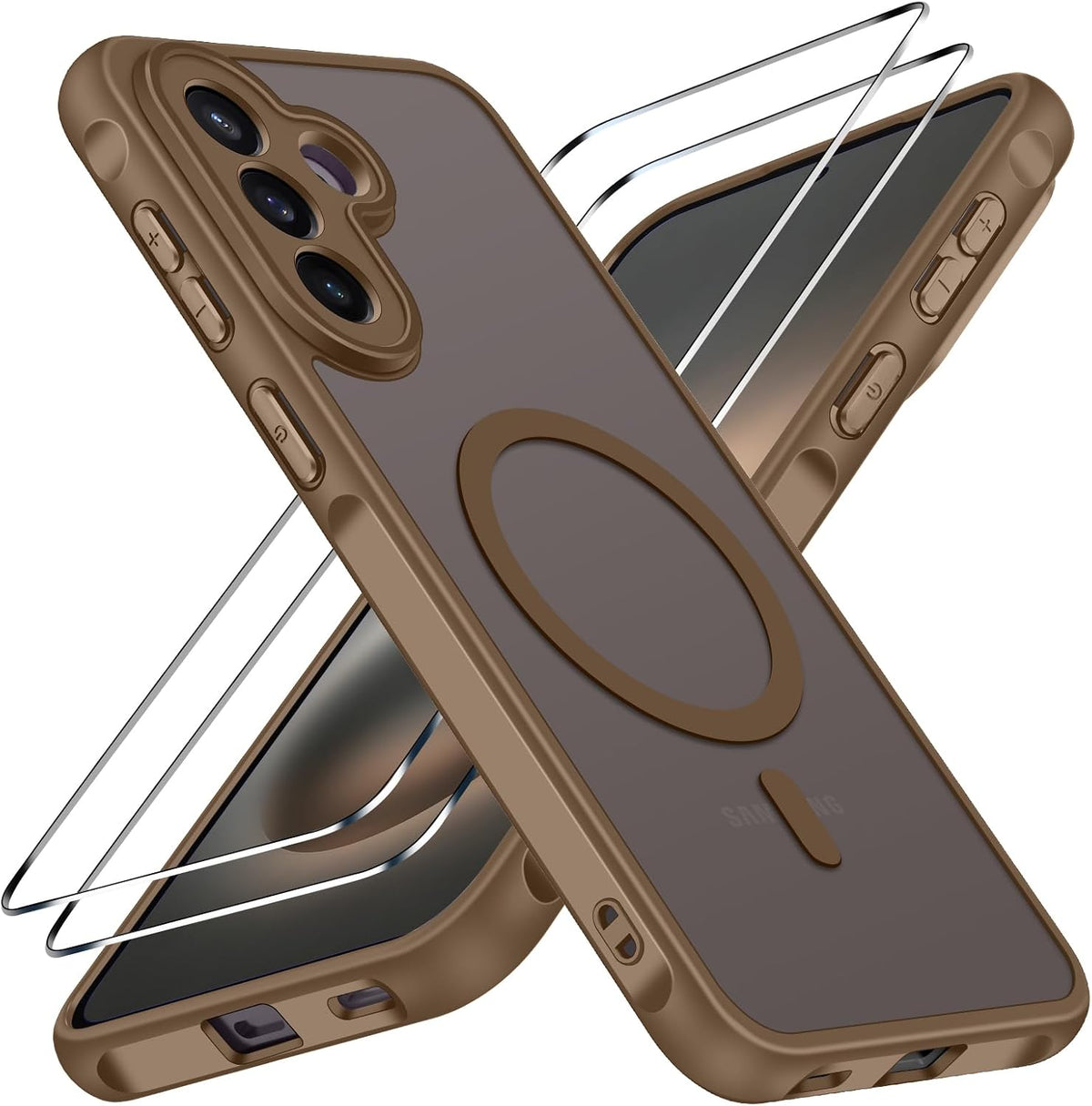 ivoler f¨¹r Samsung Galaxy A57 5G H¨¹lle, 1 Magnetisch Handyh¨¹lle mit 2 St¨¹ck Panzer Schutz Glas, [Kompatibel mit MagSafe] [Milit?rnorm Sturzschutz] Sto?fest Schutzh¨¹lle Silikon Case Matt Hellbraun