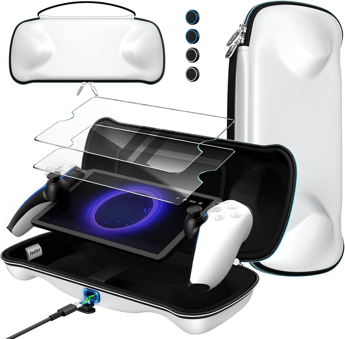 ivoler Charging Cable Port Carrying Case Set for PlayStation Portal Remote Player, Carry Case and 2 Screen Protector for PS Portal - White [Nintendo Switch]