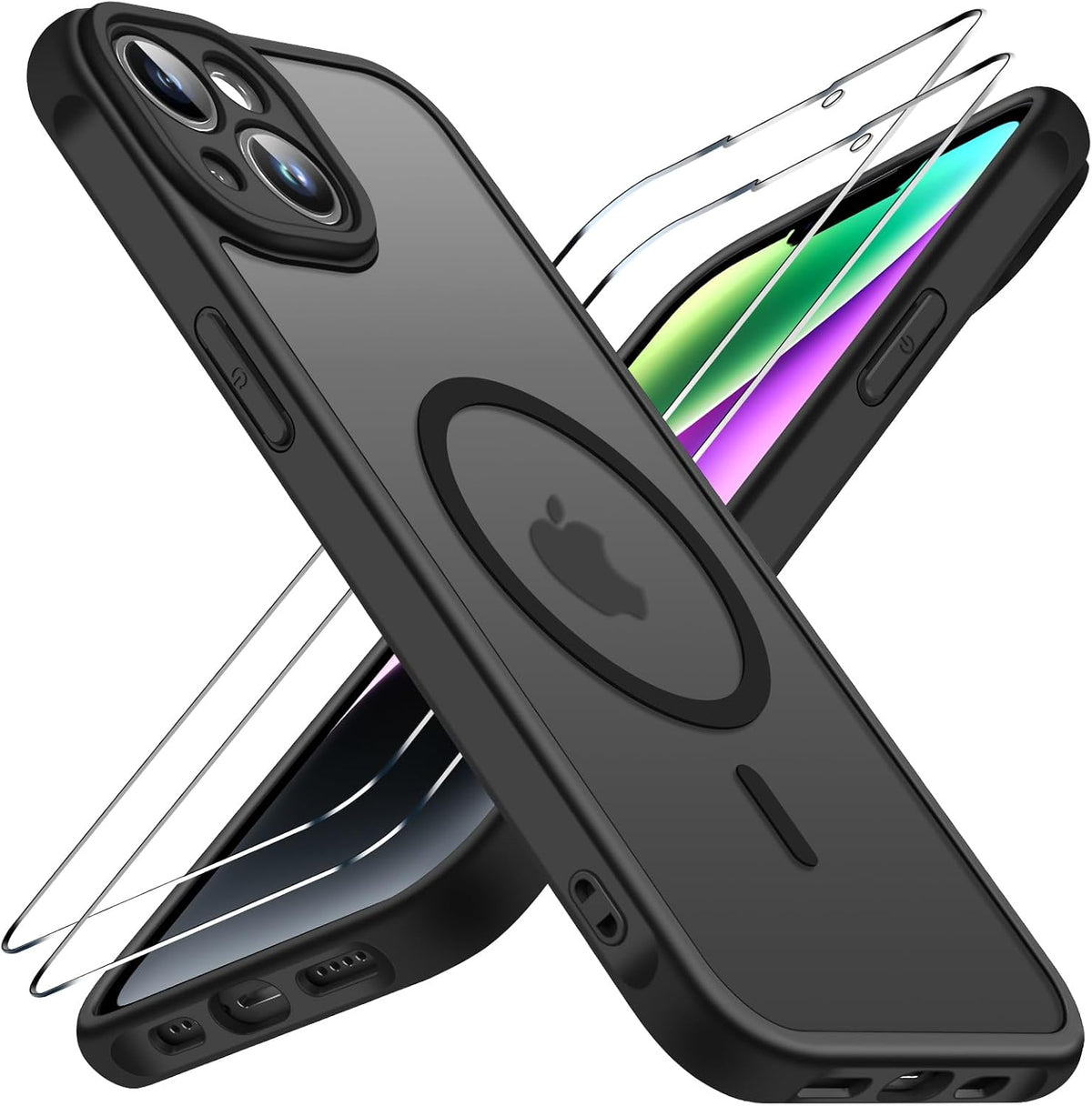 ivoler Magnetic Case for iPhone 14 with 2 Tempered Glass Screen Protector, Fit for MagSafe, 14FT Military Grade Shockproof, Slim Translucent Matte-Black
